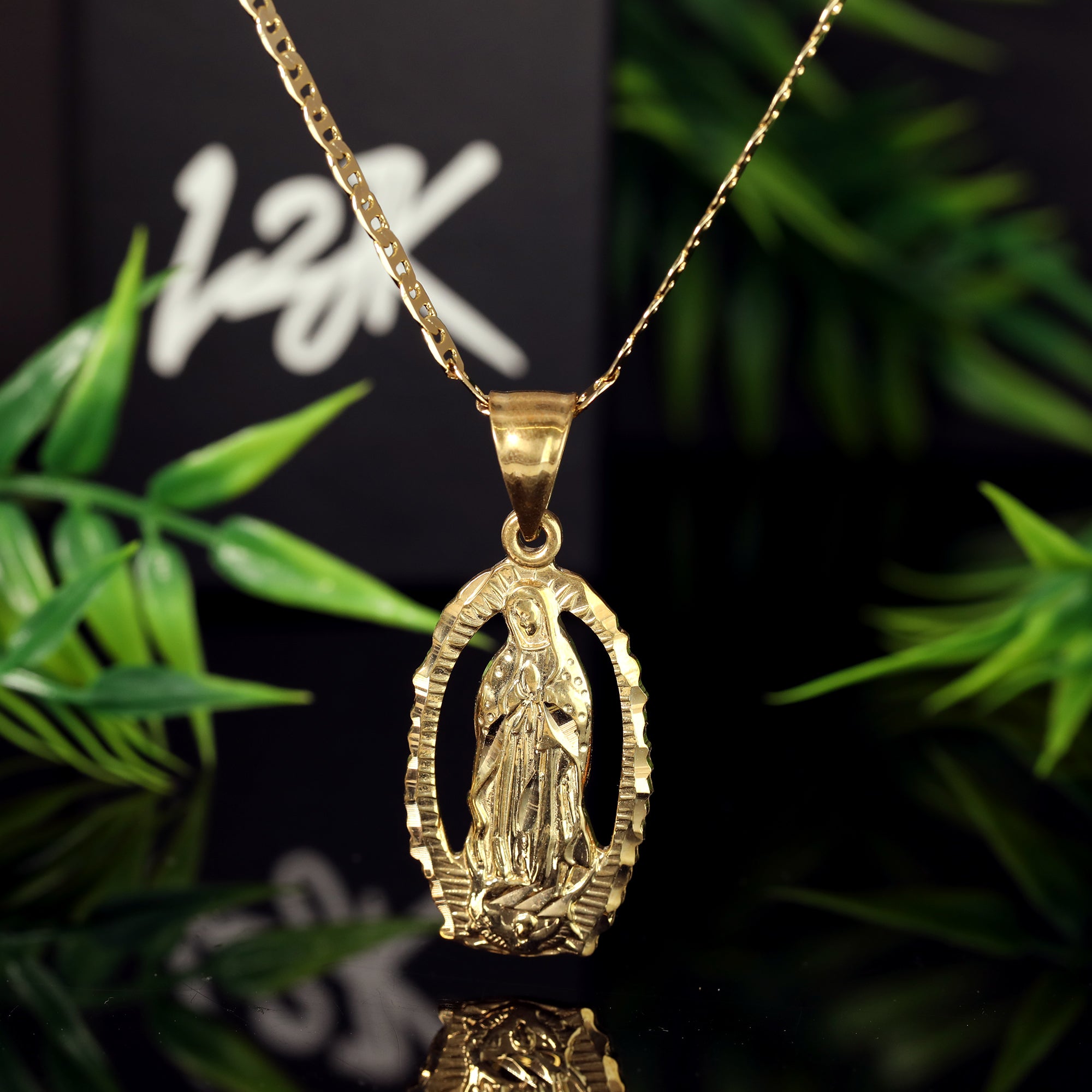 Hollow Virgin Guadalupe Pendant Mariner Chain 20" Gold Plated