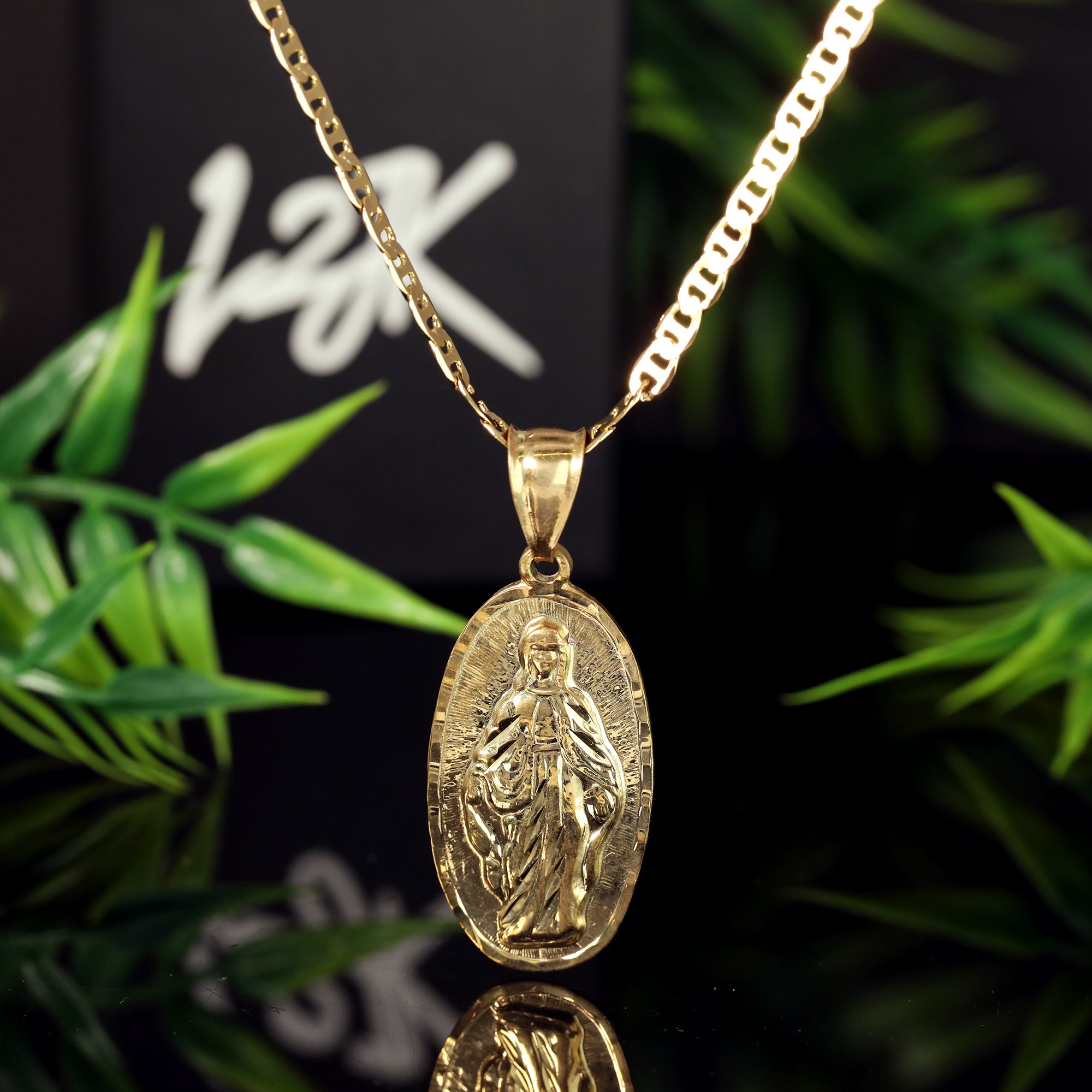 Oval Virgin Mary Pendant Mariner Chain 20" Gold Plated
