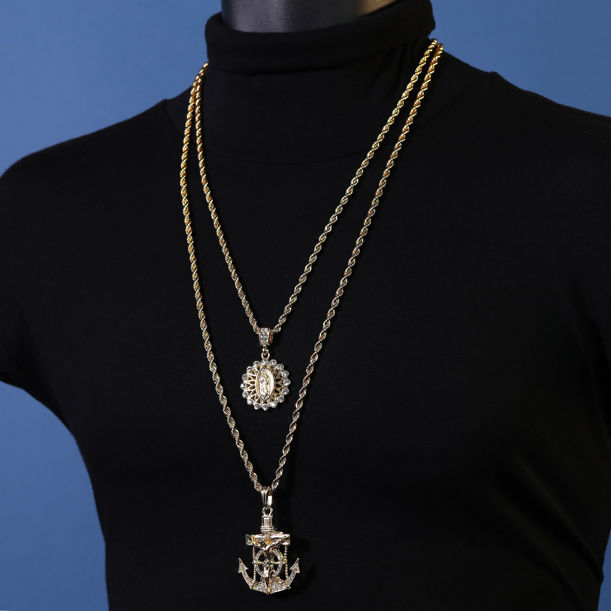 Jesus Anchor & Catholic Round Line Mary Pendant Gold Plated 24 30 Rope Chain Cubic-Zirconia
