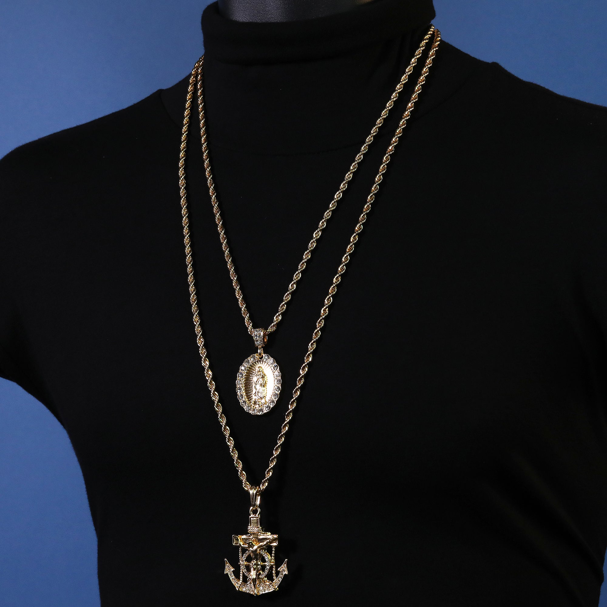 Jesus Anchor & Catholic Oval Guadalupe Pendant Gold Plated 24, 30 Rope Chain Cubic-Zirconia
