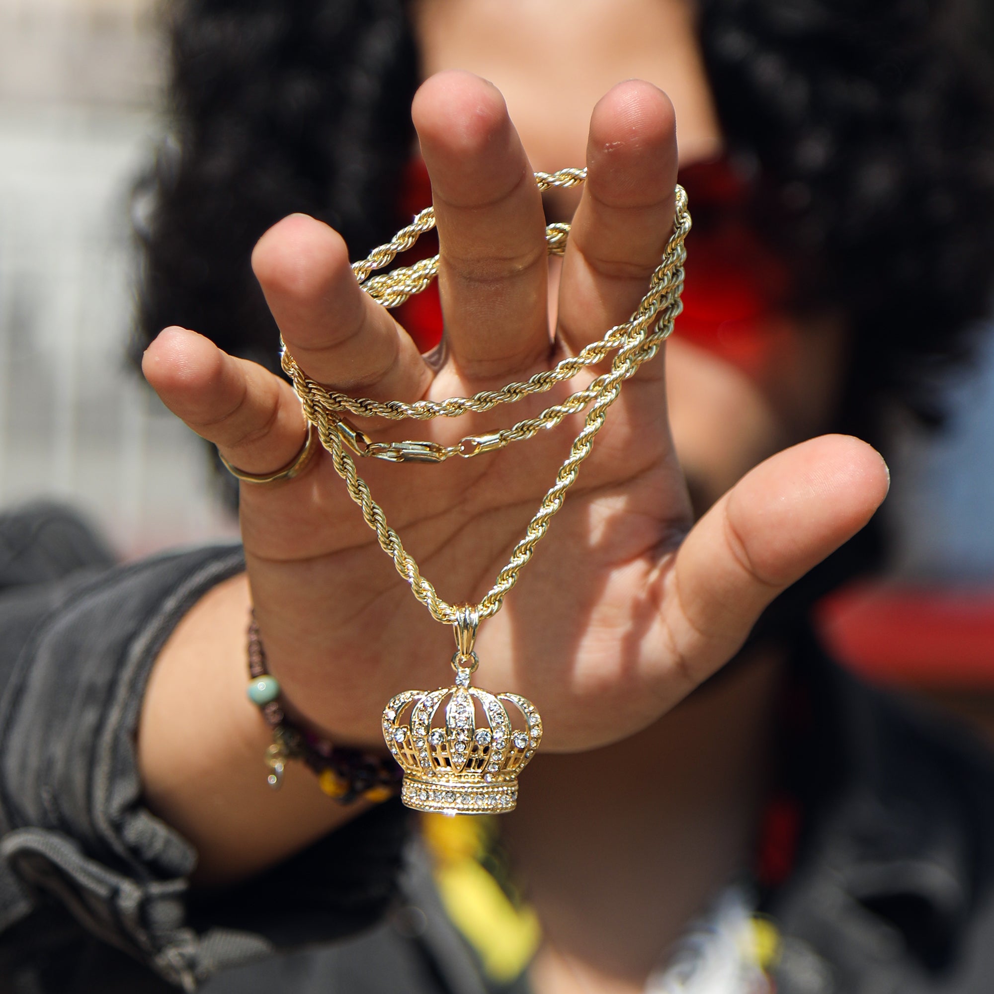 Royal King Crown Iced Pendant 18K 24" Rope Chain Hip Hop Jewelry