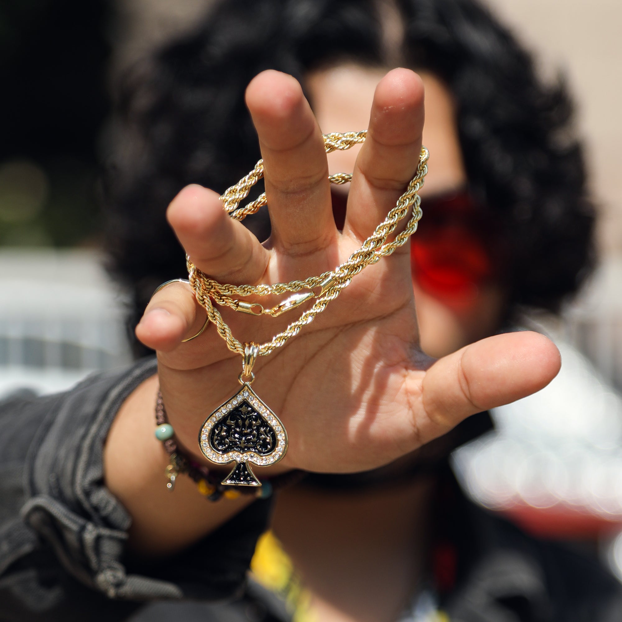 Ace Of Spade Pendant 18K 24" Rope Chain Hip Hop Jewelry