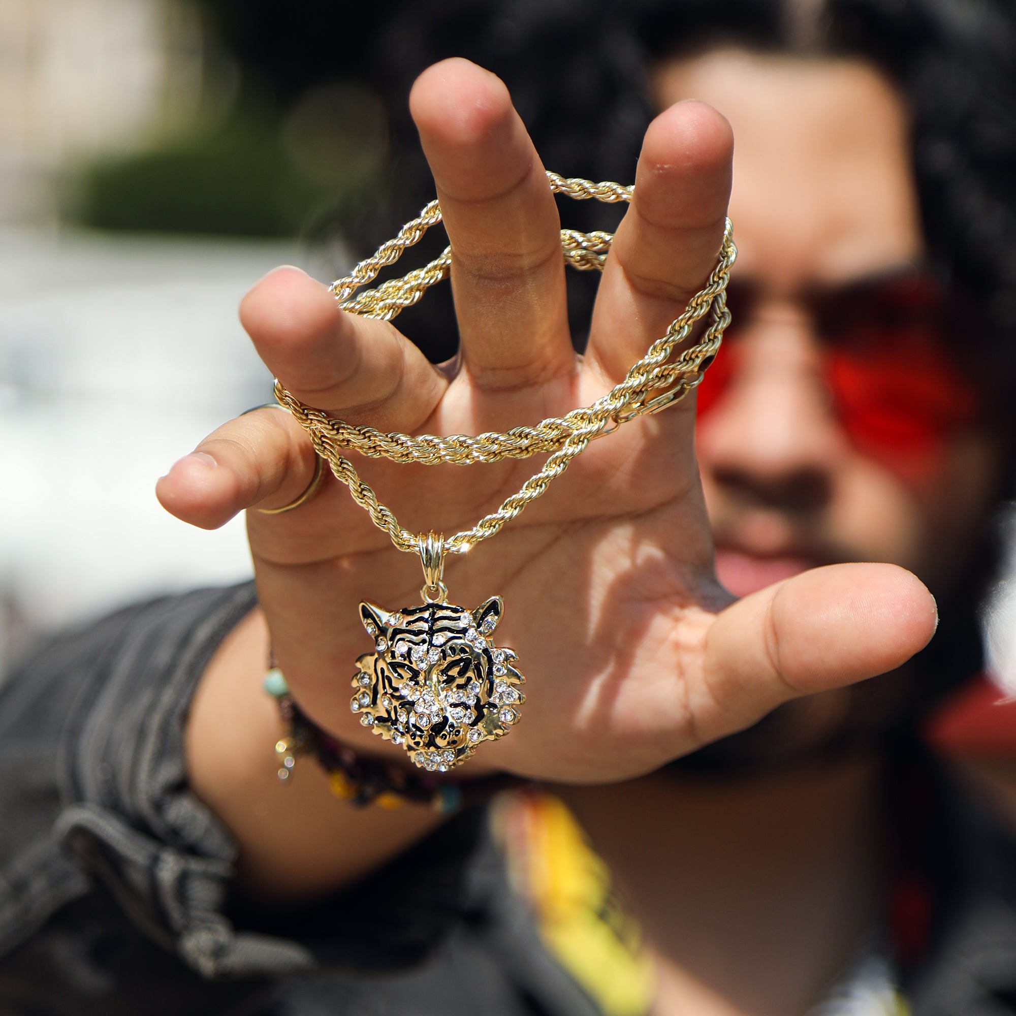 Iced Tiger Face Pendant 18K 24" Rope Chain Hip Hop Jewelry