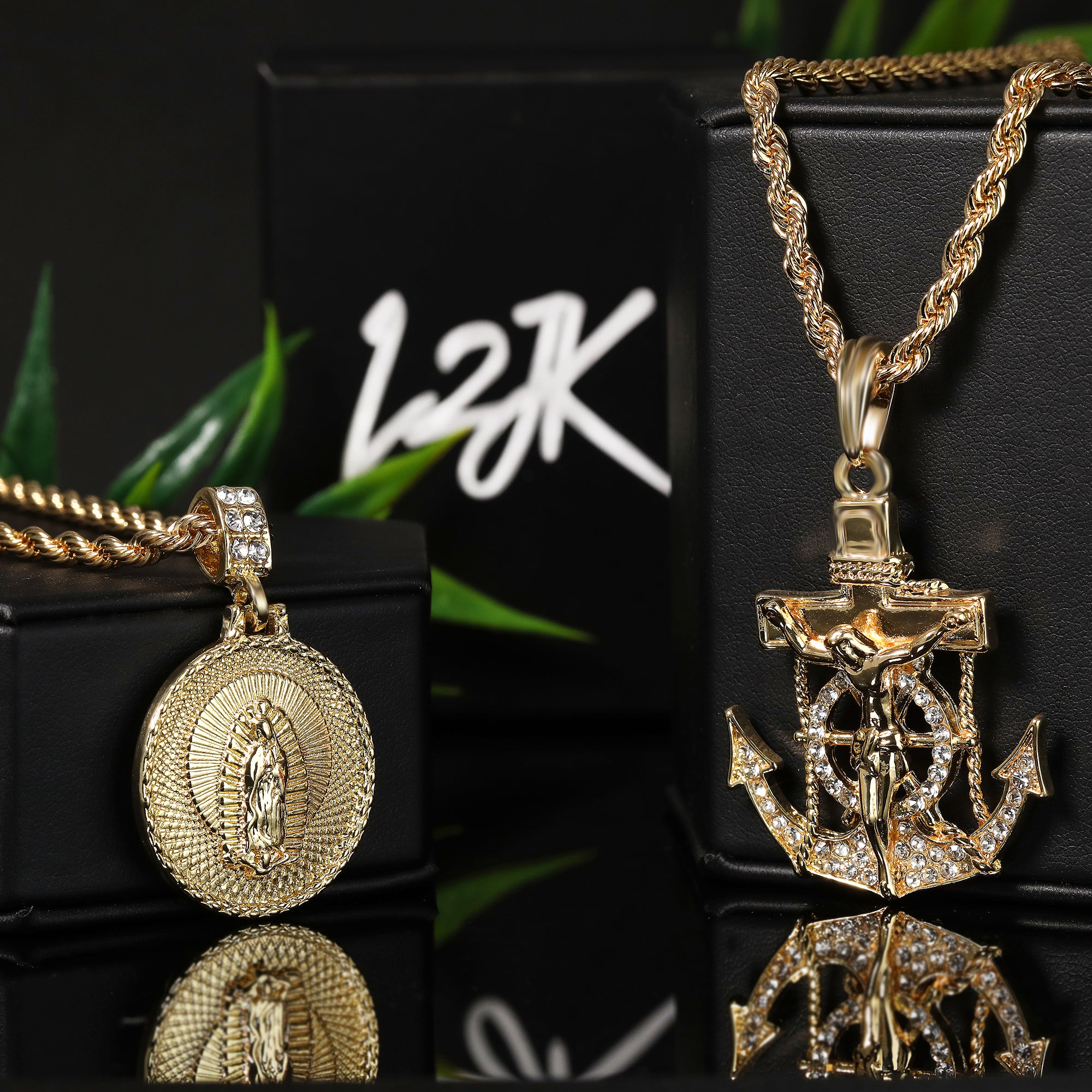 Jesus Anchor & Catholic Mary Pendant Gold Plated 24, 30 Rope Chain Cubic-Zirconia