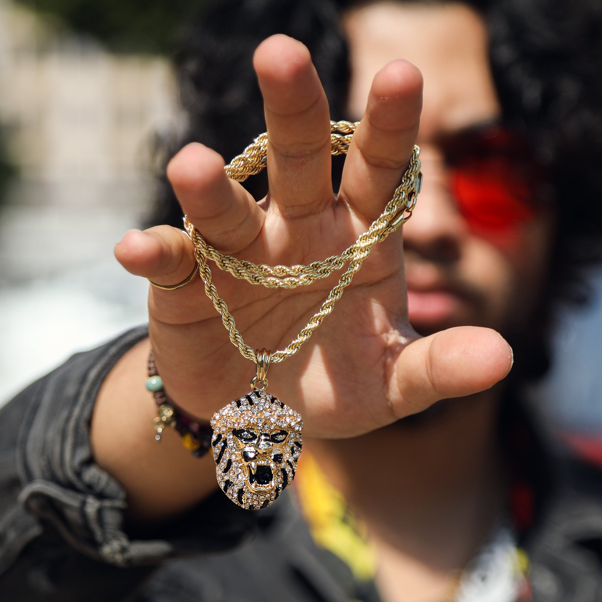 Lion Face Pendant 18K 24" Rope Chain Hip Hop Jewelry