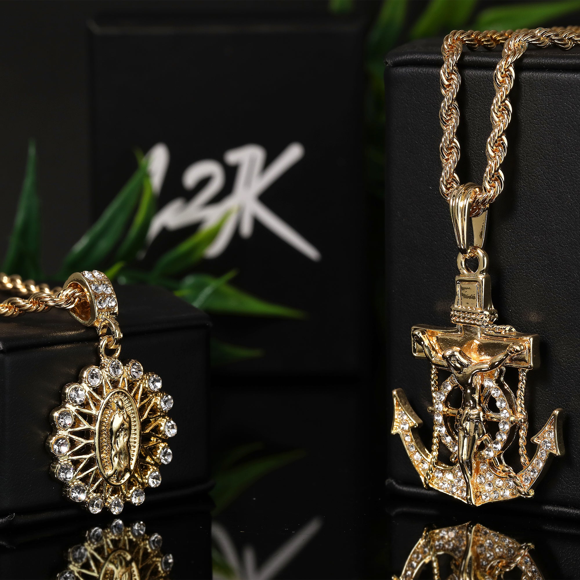 Jesus Anchor & Catholic Round Line Mary Pendant Gold Plated 24 30 Rope Chain Cubic-Zirconia