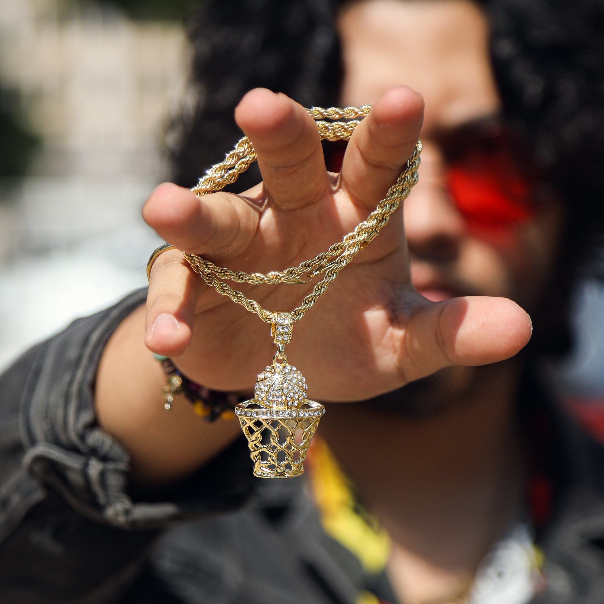 Basketball Iced Pendant 18K 24" Rope Chain Hip Hop Jewelry
