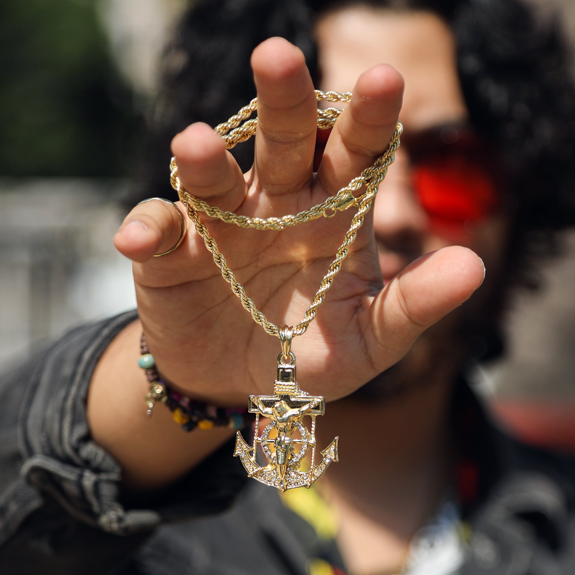 Jesus Anchor Iced Pendant 18K 24" Rope Chain Hip Hop Jewelry