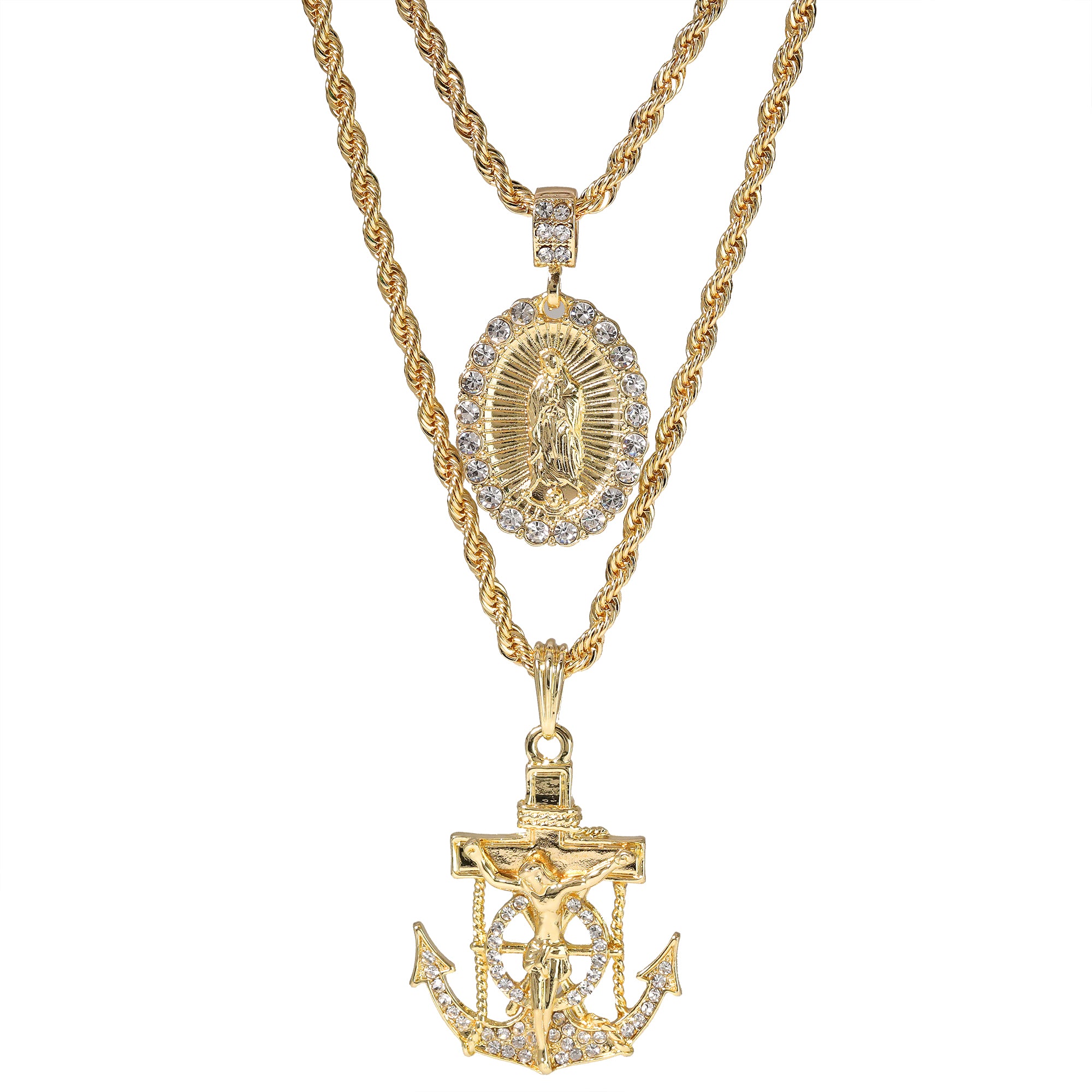 Jesus Anchor & Catholic Oval Guadalupe Pendant Gold Plated 24, 30 Rope Chain Cubic-Zirconia
