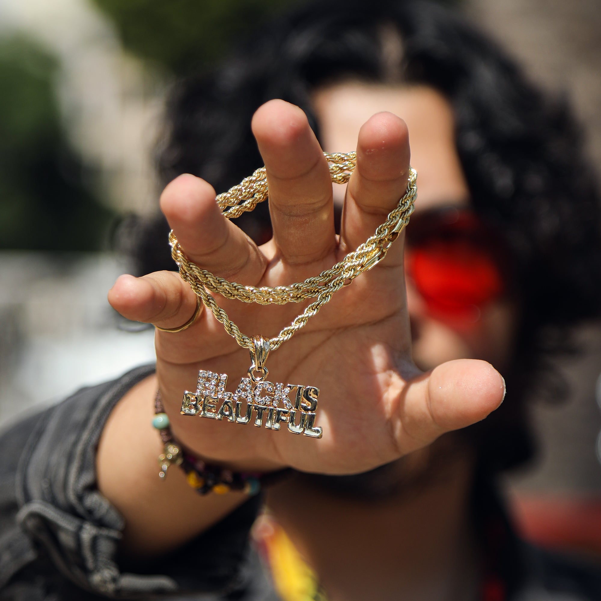 Black Is Beautiful Pendant 18K 24" Rope Chain Hip Hop Jewelry