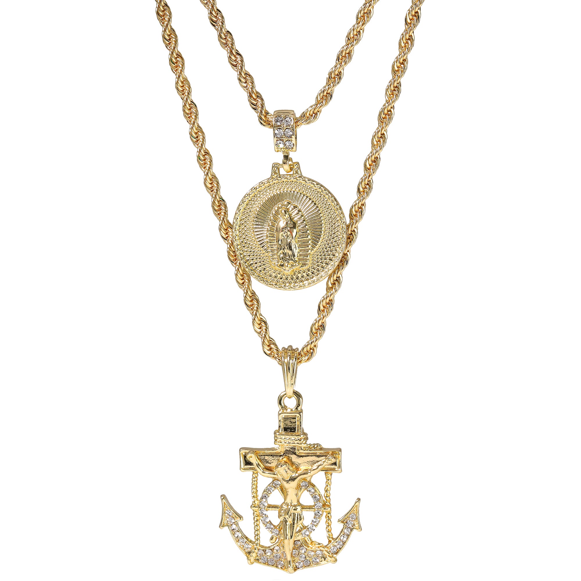 Jesus Anchor & Catholic Mary Pendant Gold Plated 24, 30 Rope Chain Cubic-Zirconia