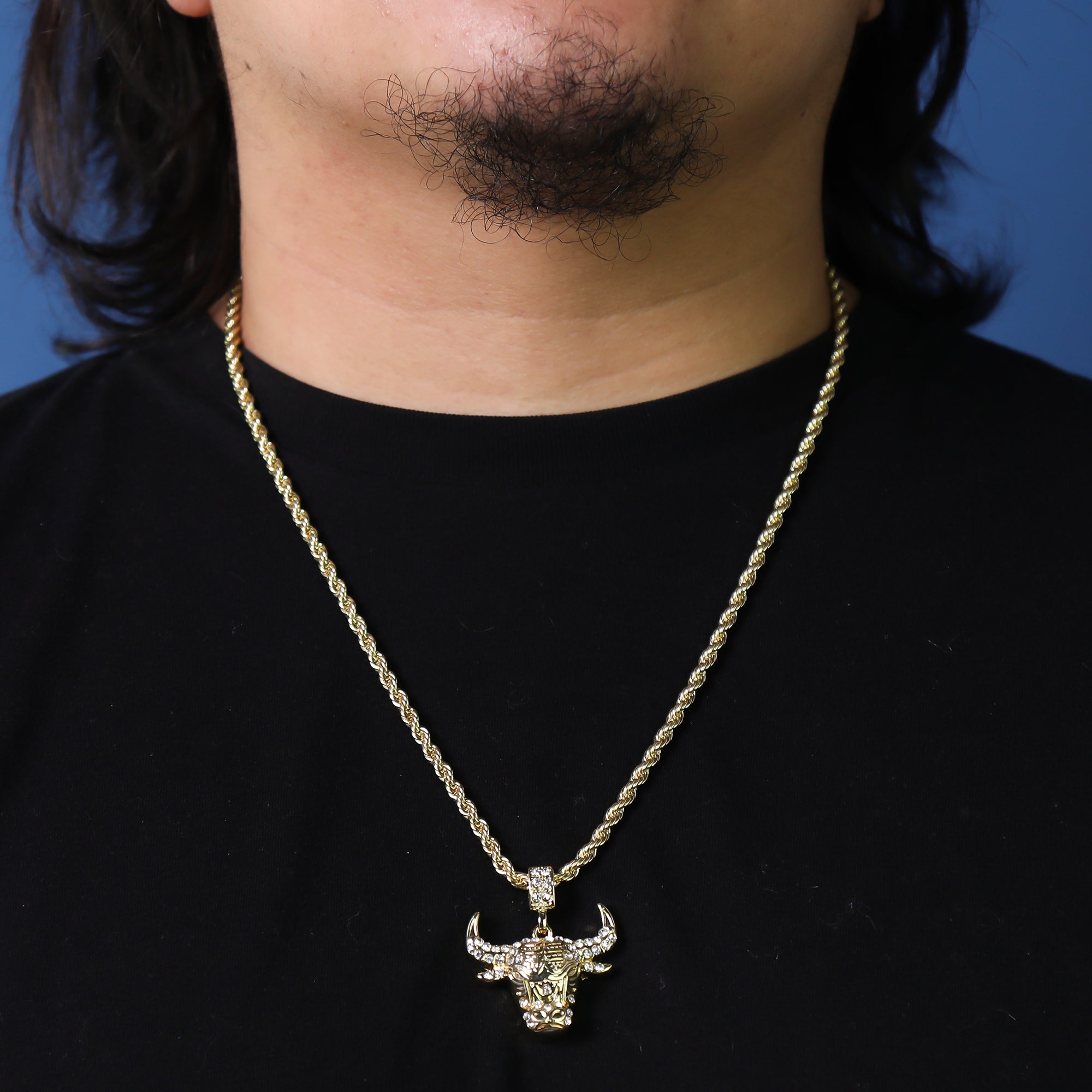 Cz Bull Pendant 24" Rope Chain Hip Hop 18k Jewelry Necklace