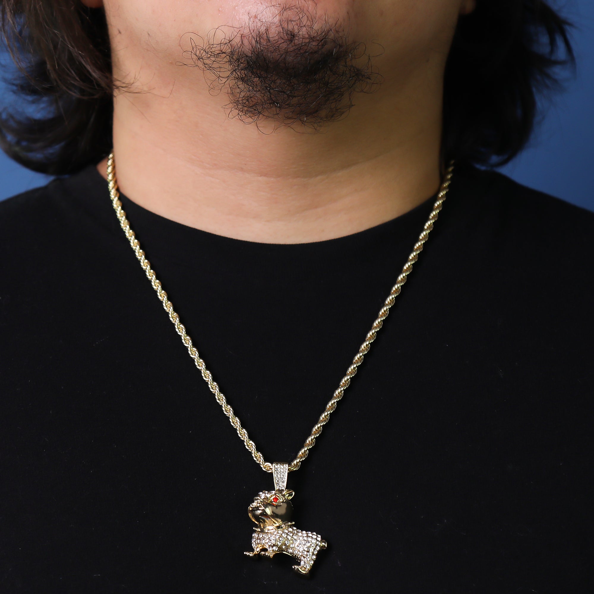 Cz Red Eye French Bulldog Pendant 24" Rope Chain Hip Hop 18k Jewelry Necklace