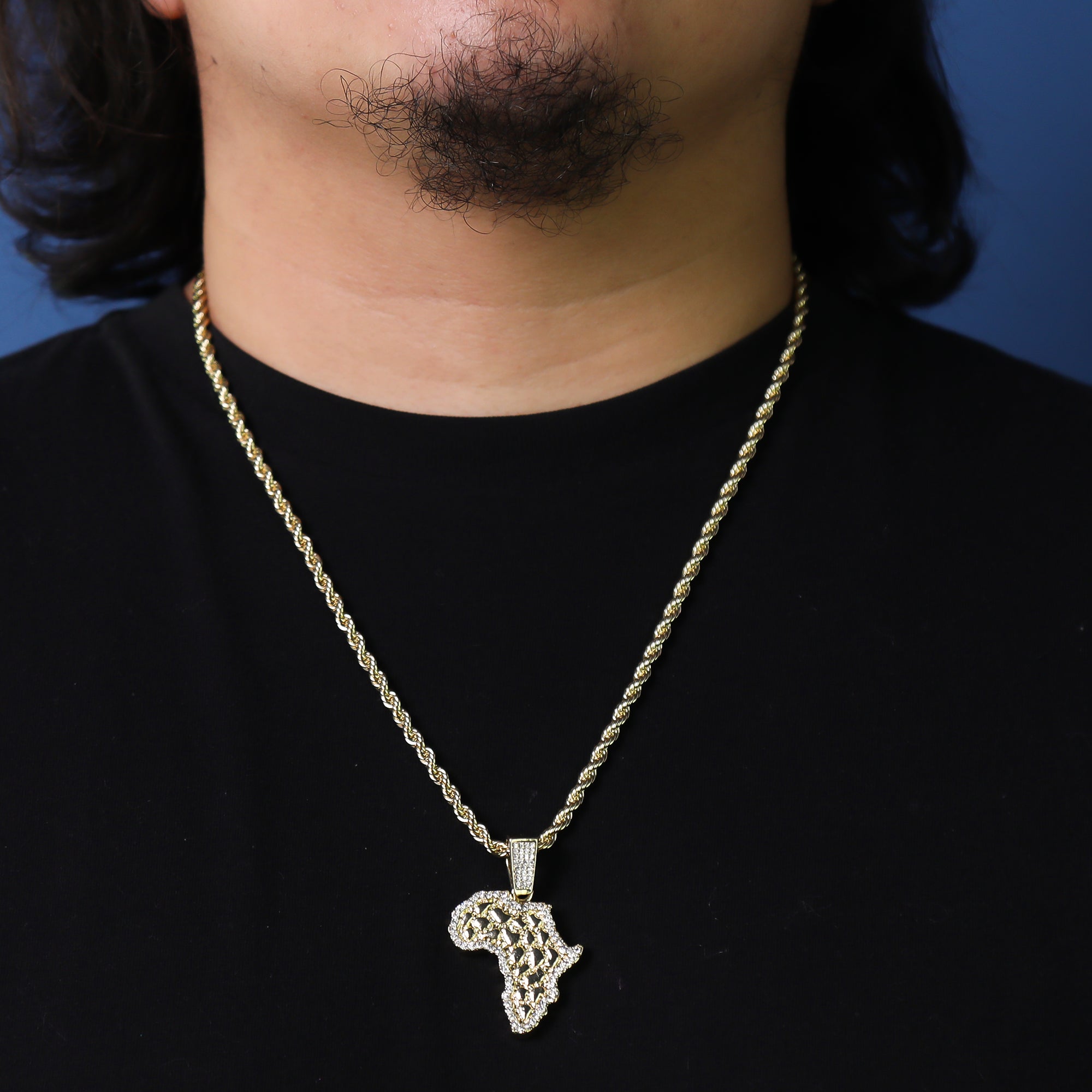 Cz Nugget Africa Pendant 24" Rope Chain Hip Hop 18k Jewelry Necklace