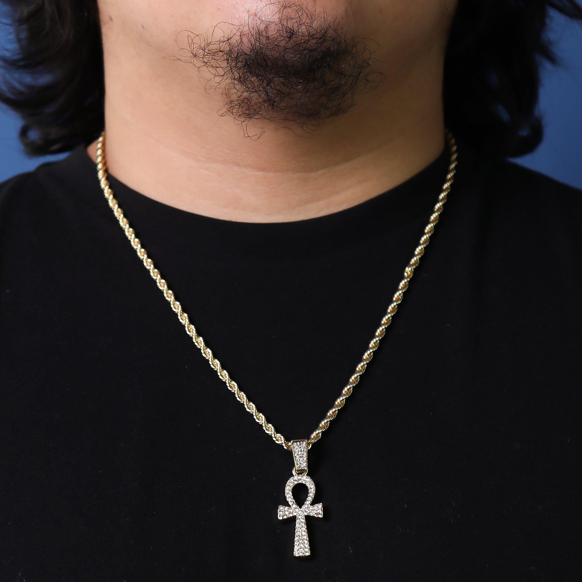 Fully Cz Ankh Pendant 24" Rope Chain Hip Hop 18k Jewelry Necklace
