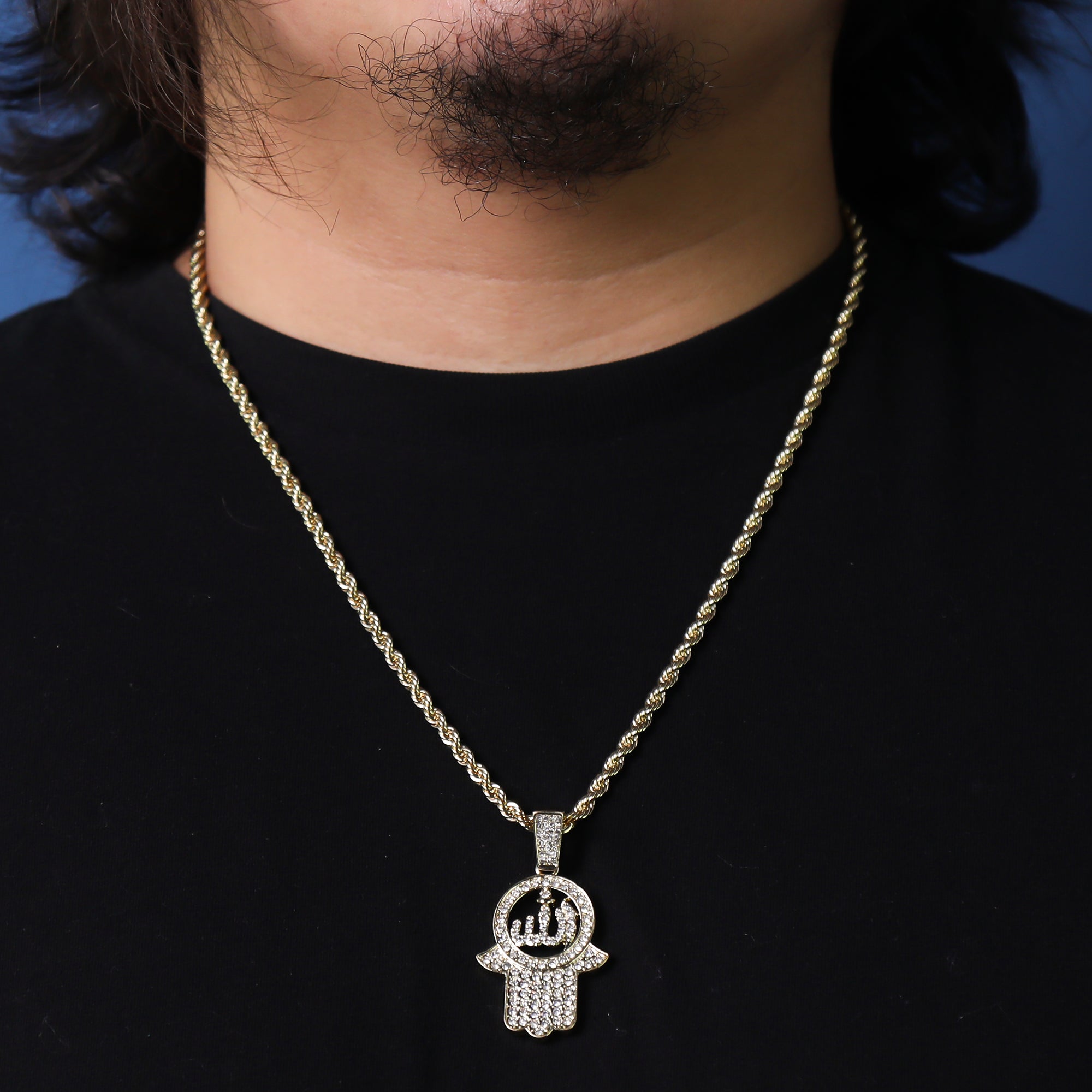 Cz Hamsa & Allah Pendant 24" Rope Chain Hip Hop 18k Jewelry Necklace
