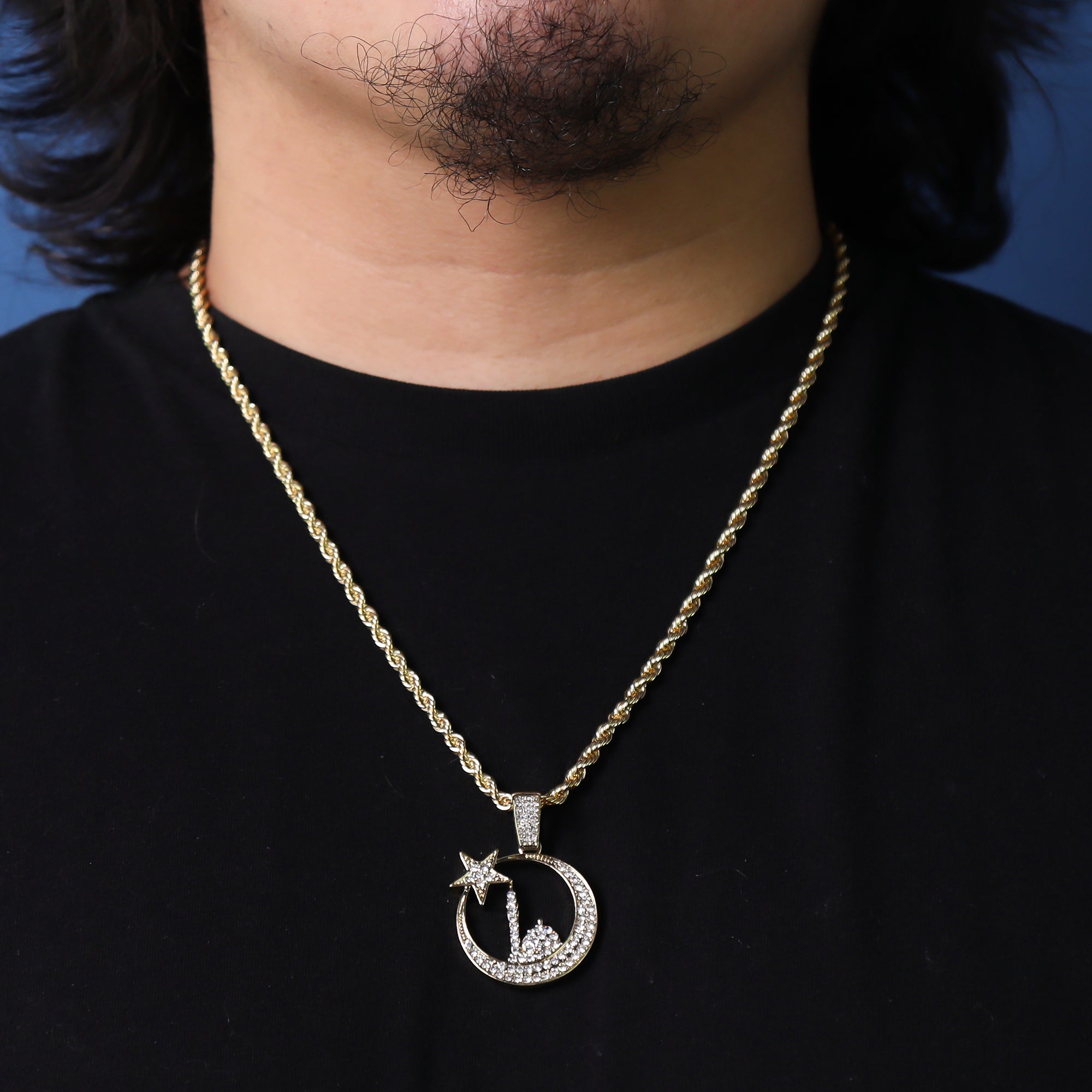 Cz Half Moon Star Pendant 24" Rope Chain Hip Hop 18k Jewelry Necklace