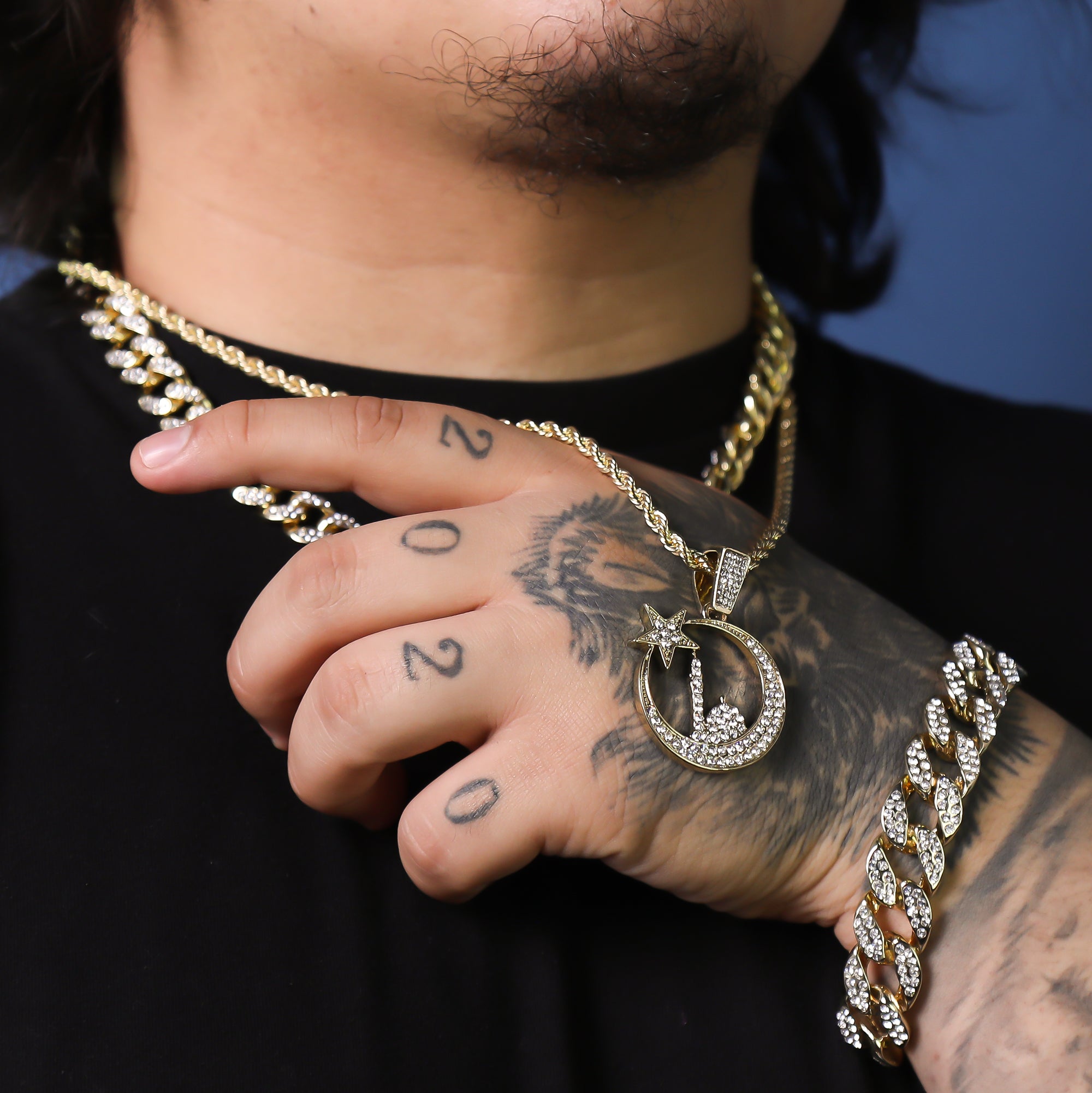 Cz Half Moon Star Pendant 24" Rope Chain Hip Hop 18k Jewelry Necklace