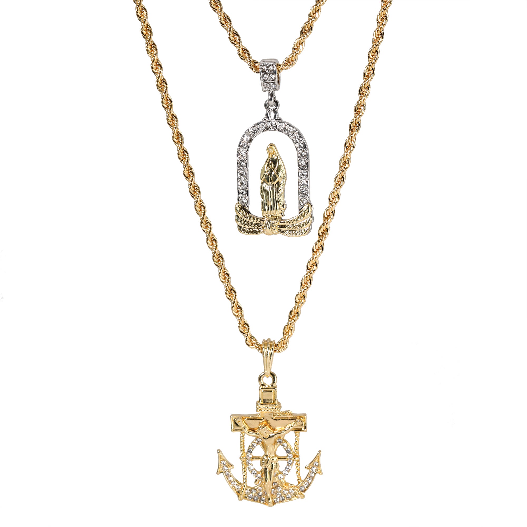 Jesus Anchor Chapel Mary Pendant Gold Plated 24 30 Rope Chain Cubic-Zirconia