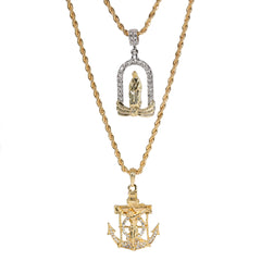 Jesus Anchor Chapel Mary Pendant Gold Plated 24 30 Rope Chain Cubic-Zirconia