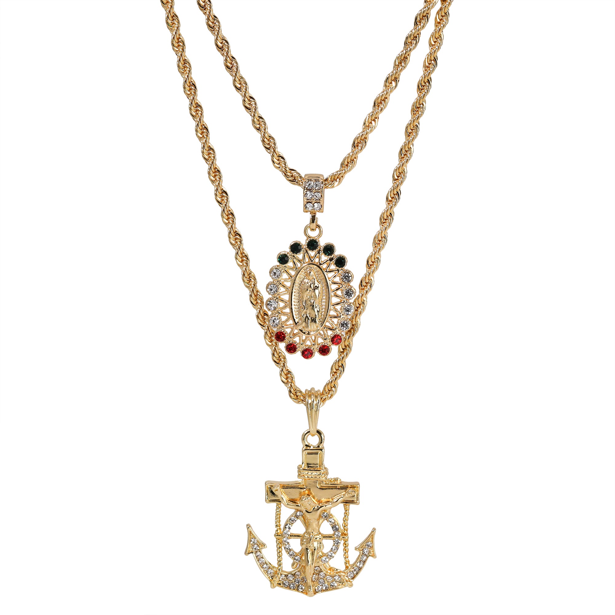 Jesus Anchor & Catholic Round Mary Pendant Gold Plated 24, 30 Rope Chain Cubic-Zirconia