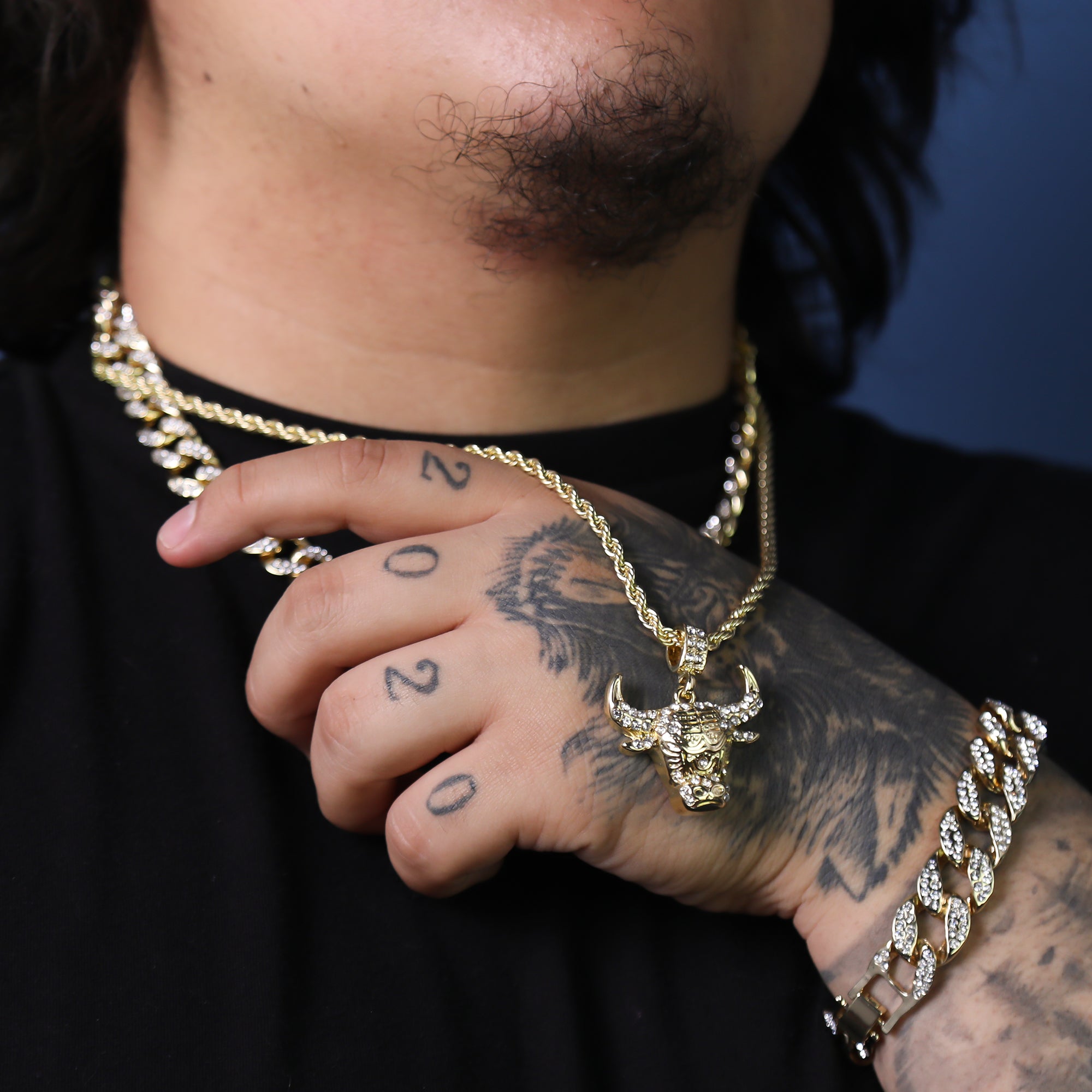 Cz Bull Pendant 24" Rope Chain Hip Hop 18k Jewelry Necklace