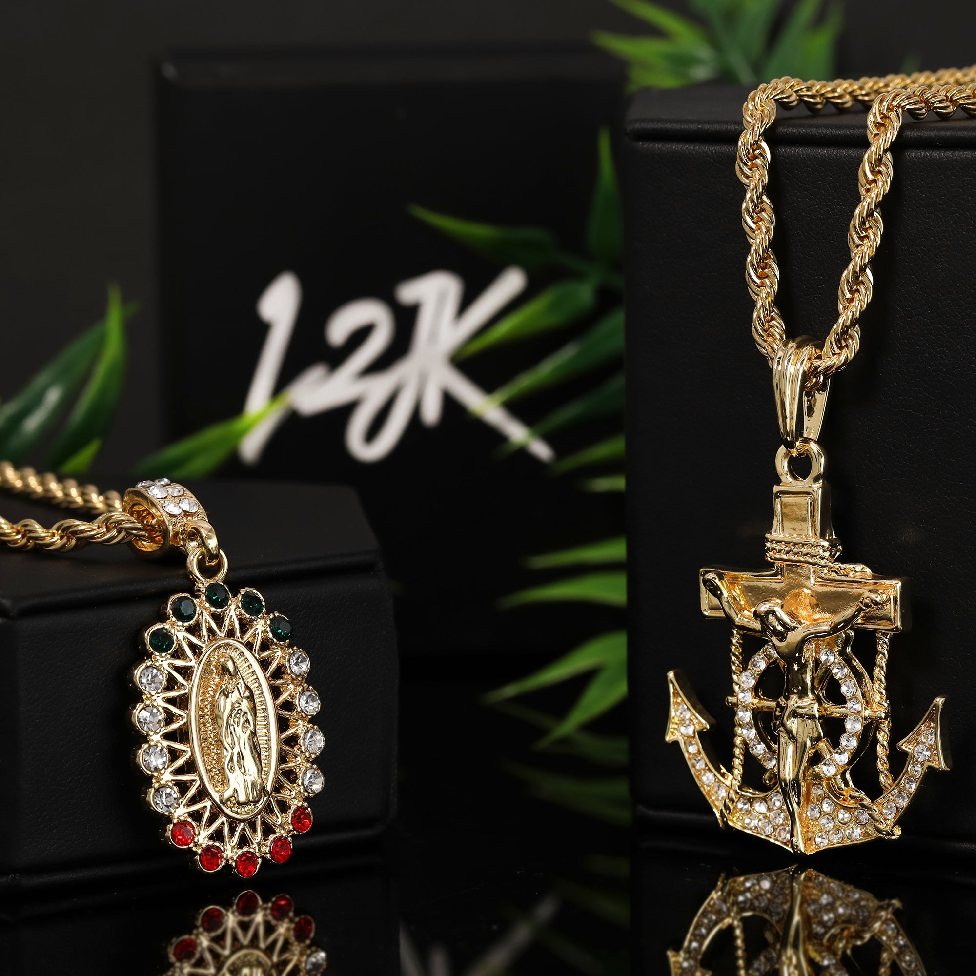 Jesus Anchor & Catholic Round Mary Pendant Gold Plated 24, 30 Rope Chain Cubic-Zirconia