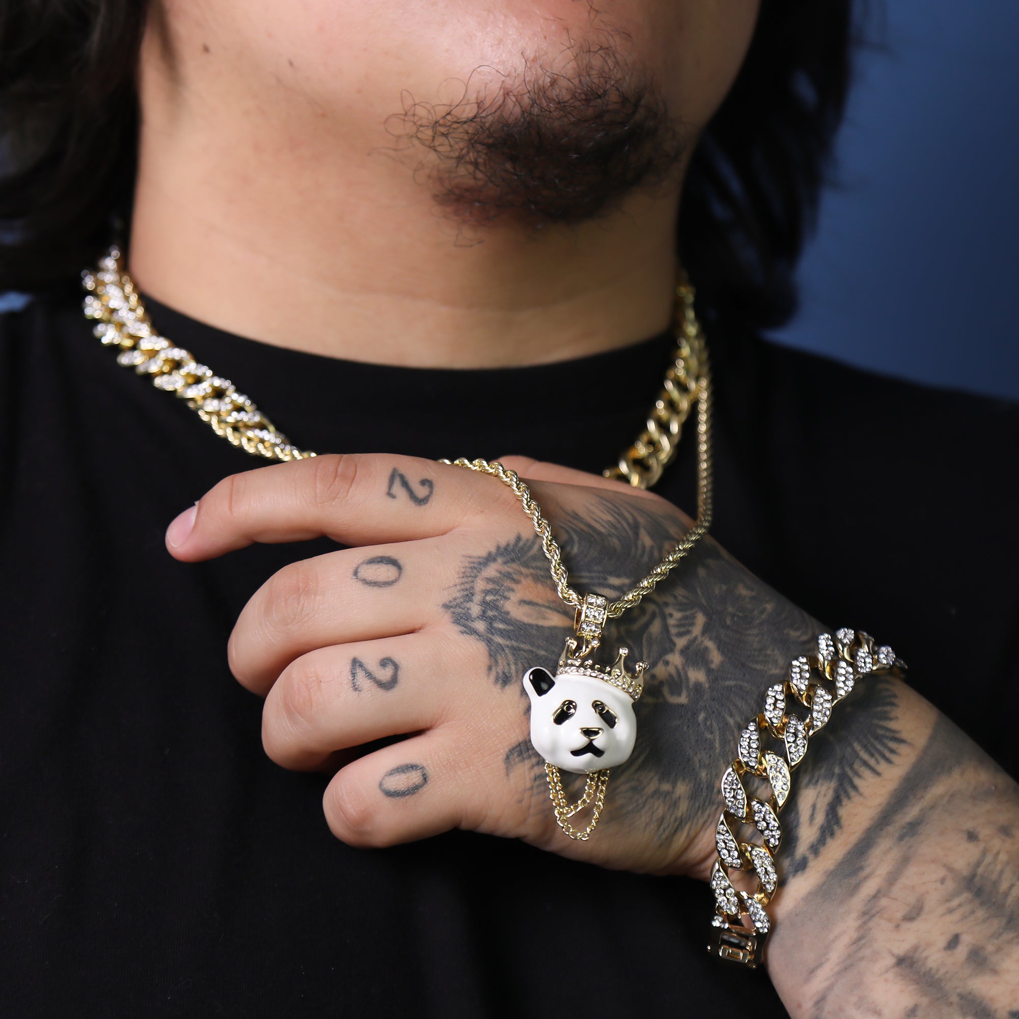 Cz Crown Chain Panda Pendant 24" Rope Chain Hip Hop 18k Jewelry Necklace