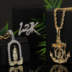 Jesus Anchor Chapel Mary Pendant Gold Plated 24 30 Rope Chain Cubic-Zirconia