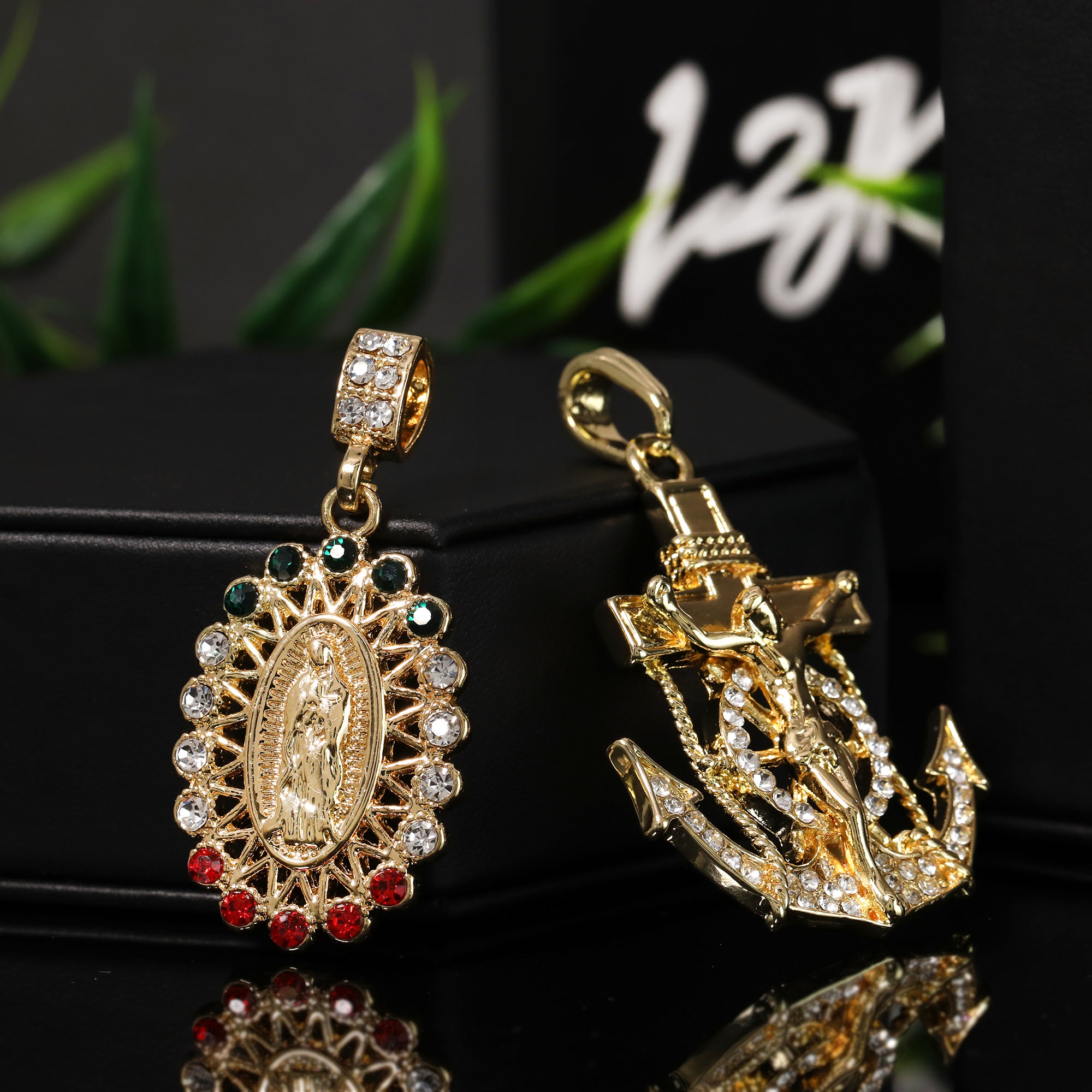 Jesus Anchor & Catholic Round Mary Pendant Gold Plated 24, 30 Rope Chain Cubic-Zirconia