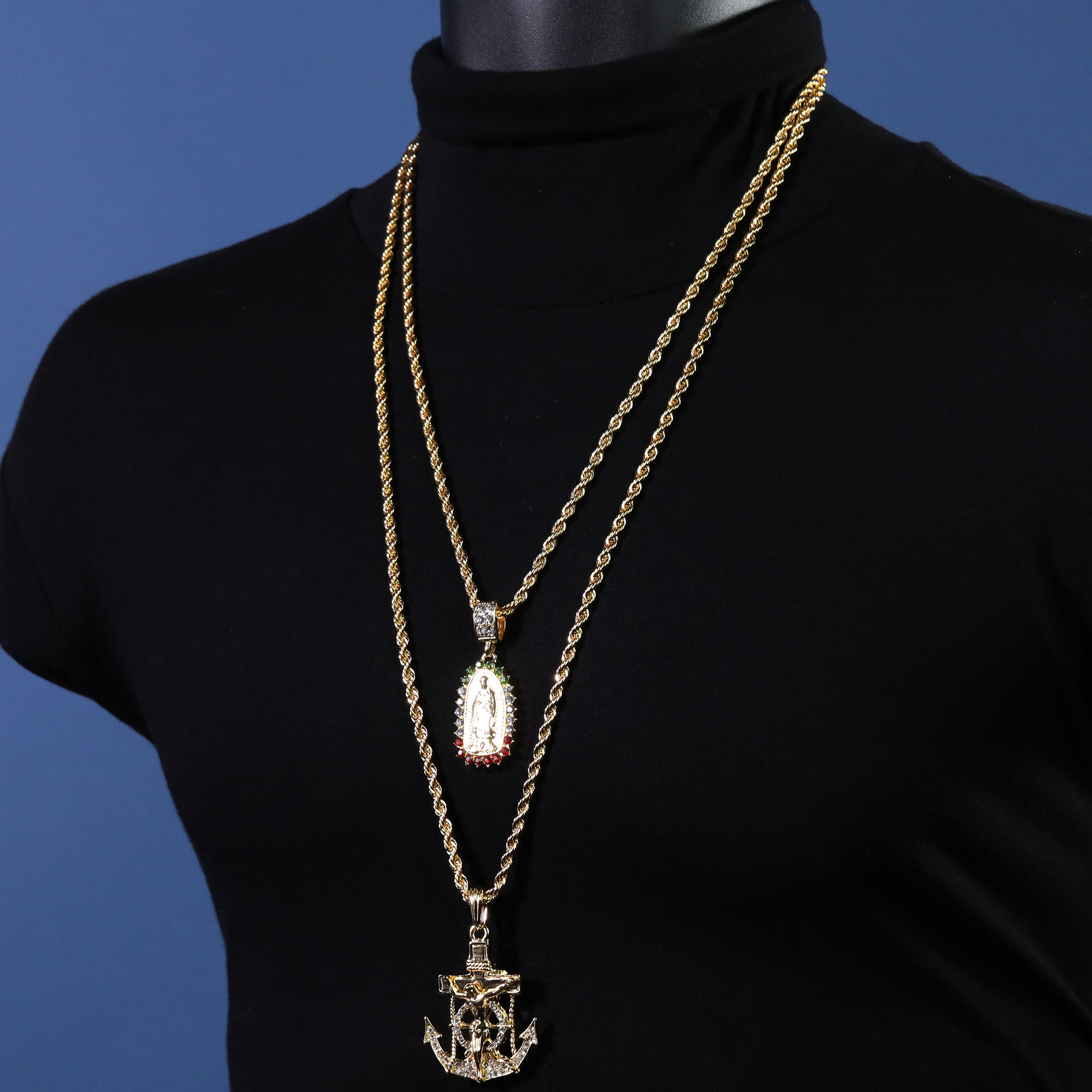 Jesus Anchor & Catholic Oval Spike Guadalupe Pendant Gold Plated 24 30 Rope Chain Cubic-Zirconia