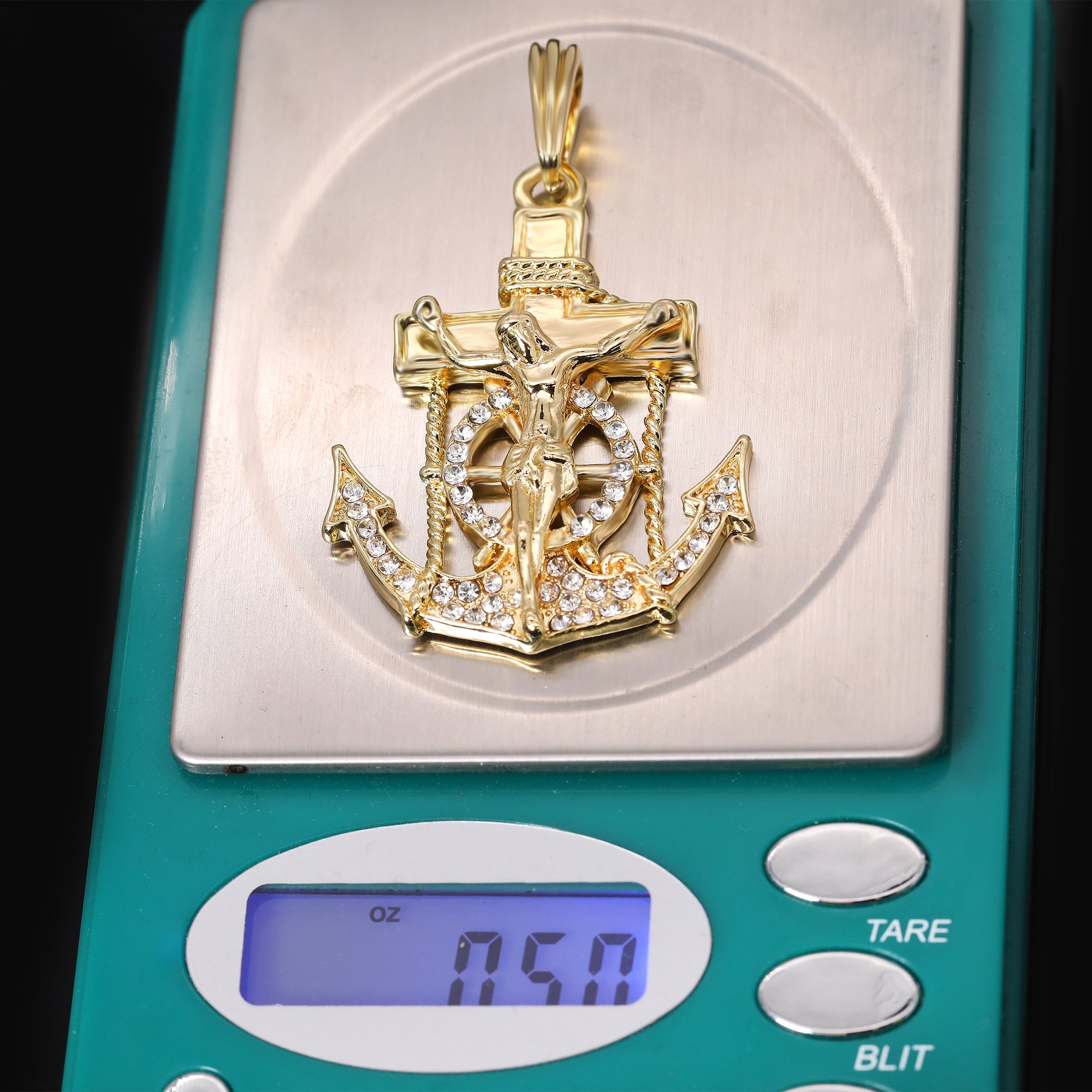 Jesus Anchor & Catholic Oval Wavy Mary Guadalupe Pendant Gold Plated 24, 30 Rope Chain Cubic-Zirconia