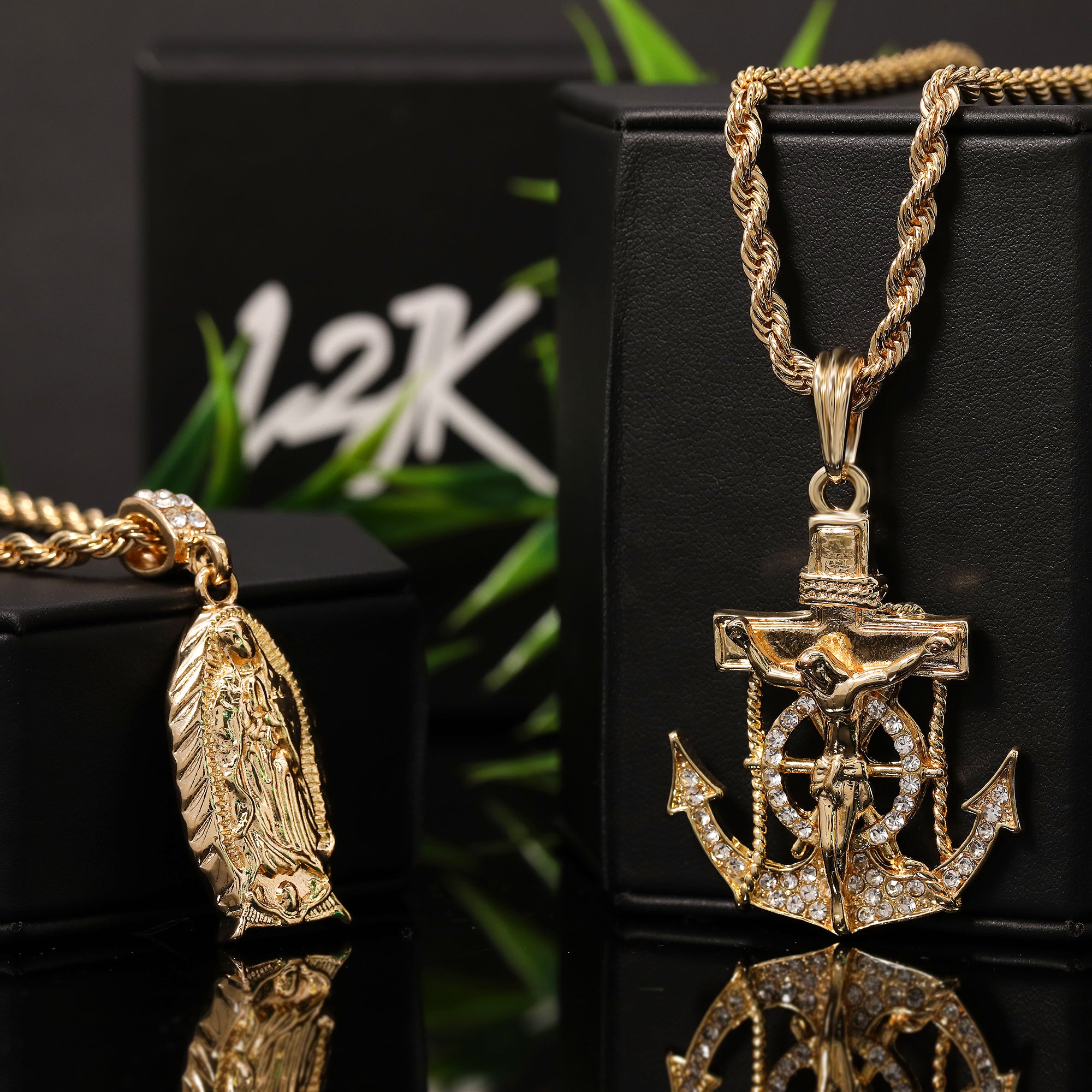 Jesus Anchor & Catholic Thick Oval Mary Guadalupe Pendant Gold Plated 24, 30 Rope Chain Cubic-Zirconia