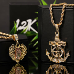Jesus Anchor & Catholic Heart Mary Pendant Gold Plated 24 30 Rope Chain Cubic-Zirconia