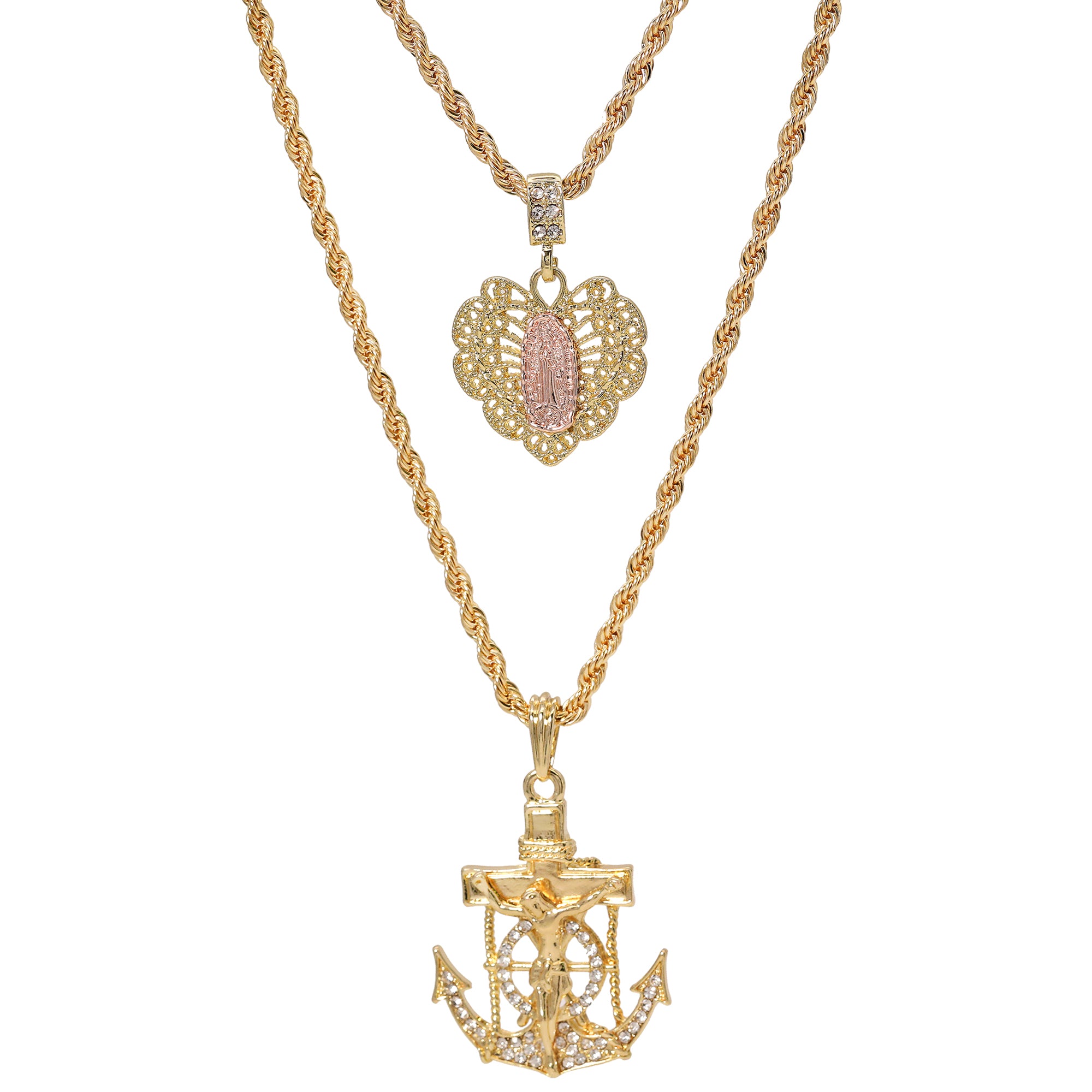 Jesus Anchor & Catholic Heart Mary Pendant Gold Plated 24 30 Rope Chain Cubic-Zirconia