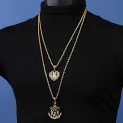 Jesus Anchor & Catholic Heart Mary Pendant Gold Plated 24 30 Rope Chain Cubic-Zirconia