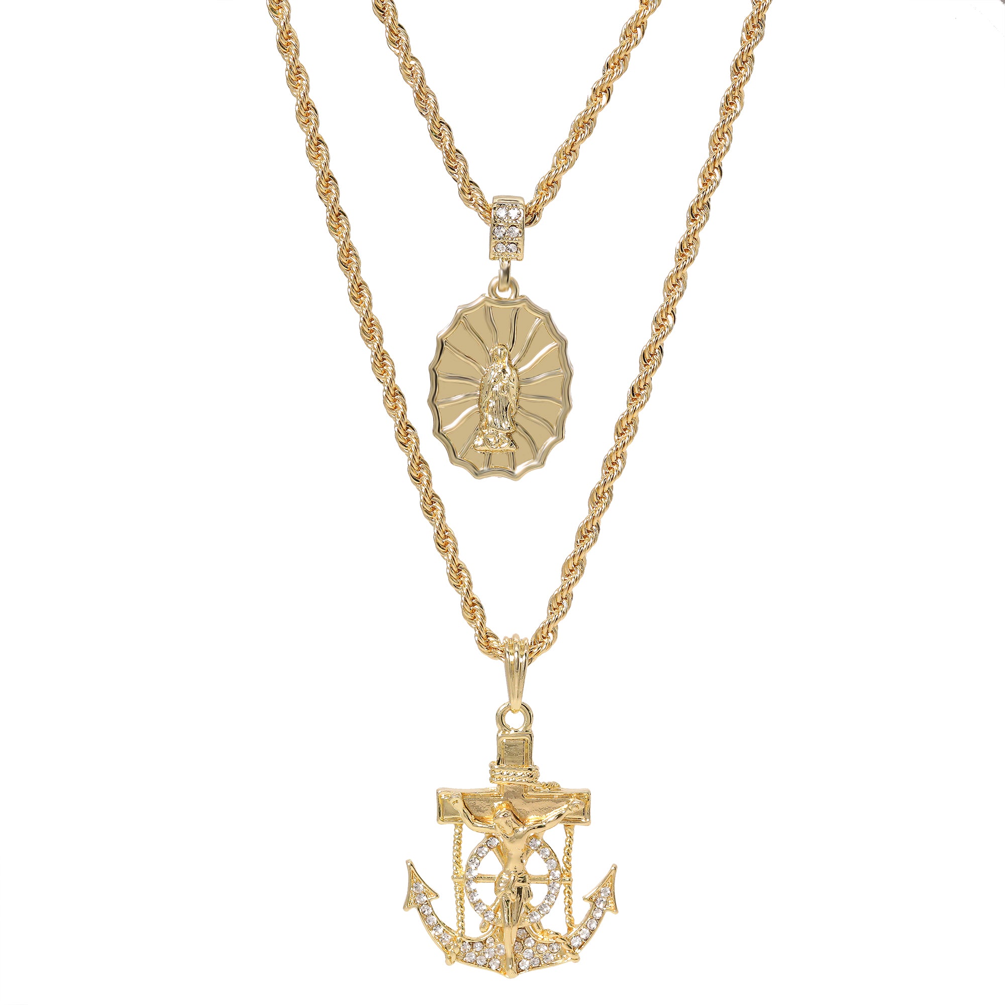 Jesus Anchor Oval Web Mary Pendant Gold Plated 24 30 Rope Chain Cubic-Zirconia