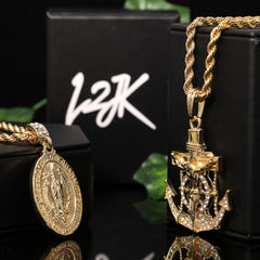 Jesus Anchor & Oval Engrave Mary Pendant Gold Plated 24, 30 Rope Chain Cubic-Zirconia