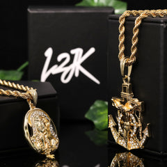 Jesus Anchor & Round Cross Mary Pendant Gold Plated 24, 30 Rope Chain Cubic-Zirconia