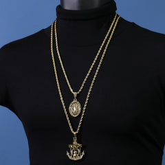 Jesus Anchor & Oval Engrave Mary Pendant Gold Plated 24, 30 Rope Chain Cubic-Zirconia