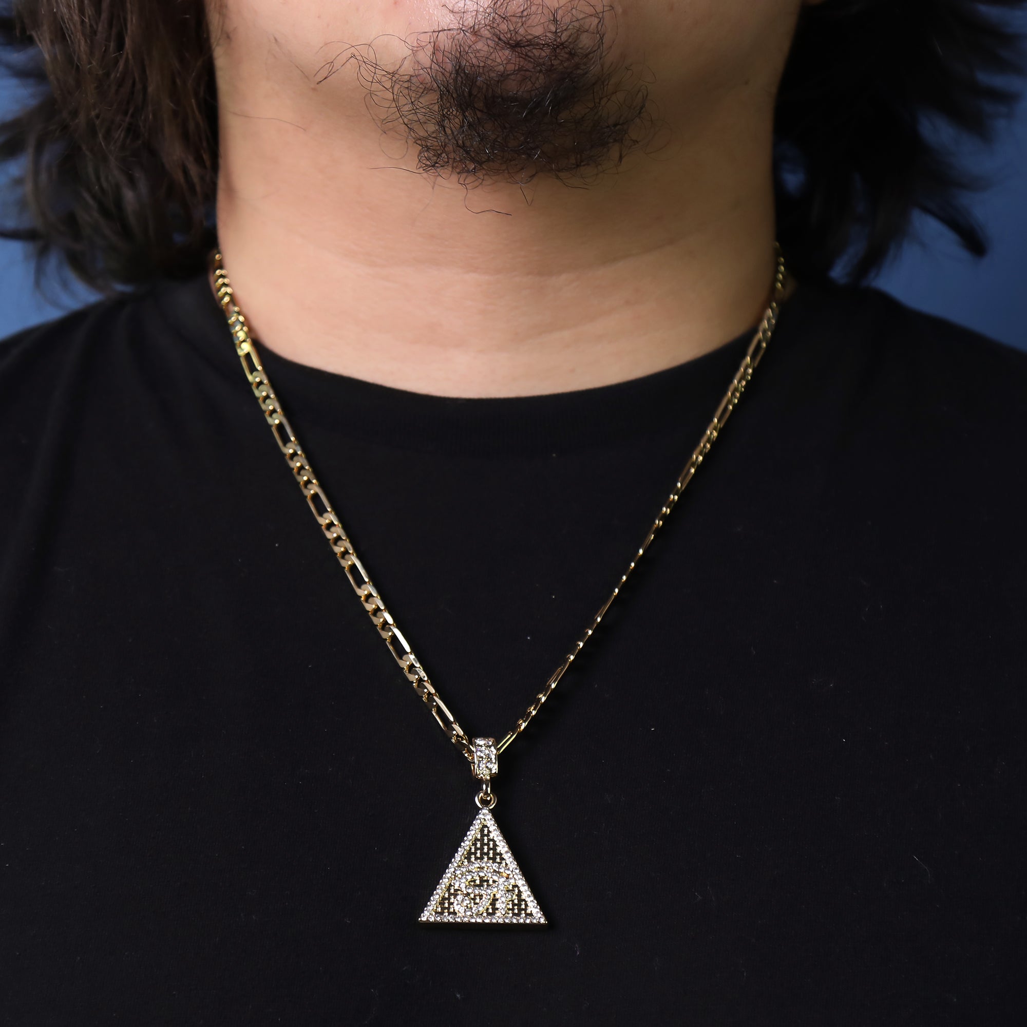 Iced Pyramid Eye of Ra Pendant 24" Figaro Chain Hip Hop Style 18k Gold Plated