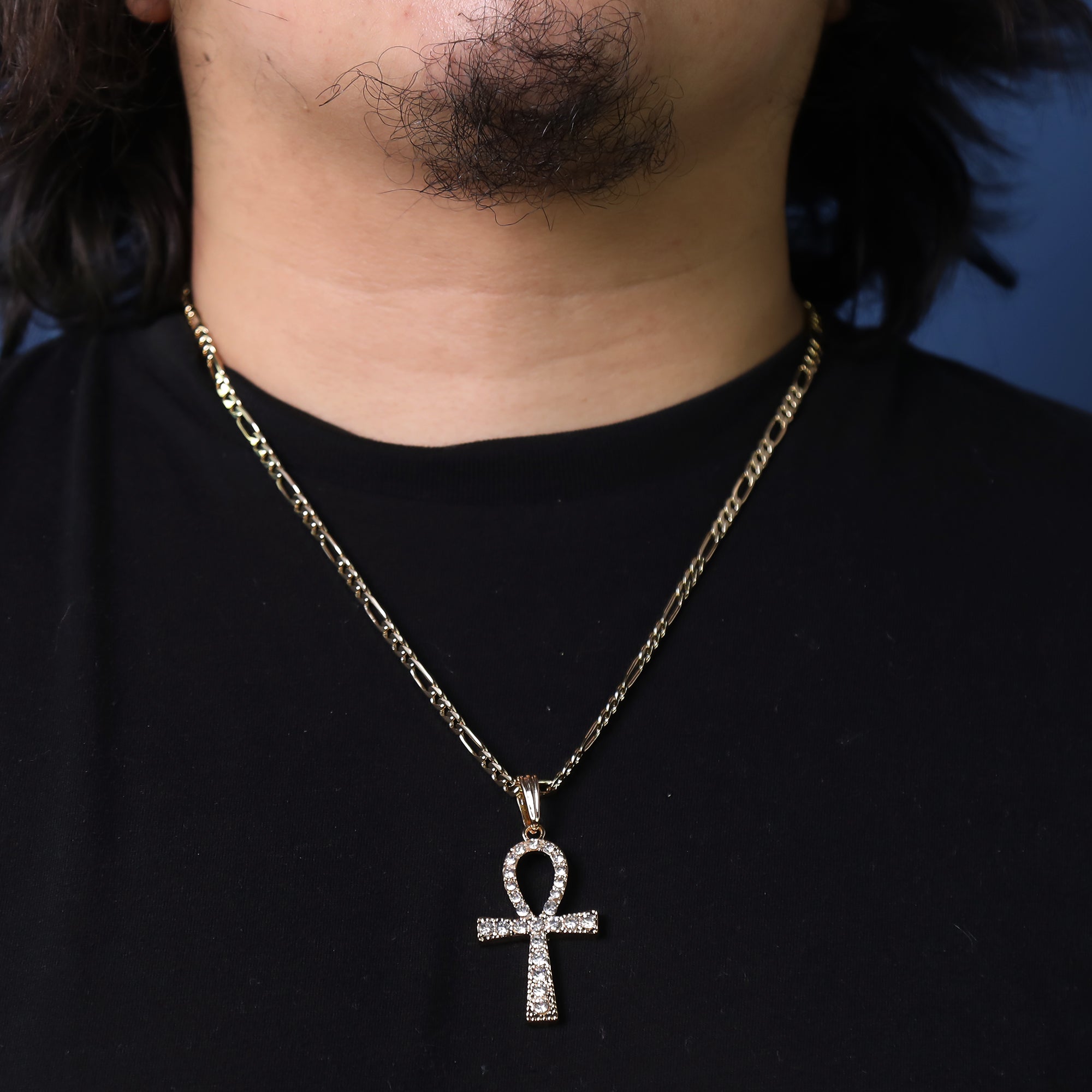 Iced Egyptian Ankh Pendant 24" Figaro Chain Hip Hop Style 18k Gold Plated