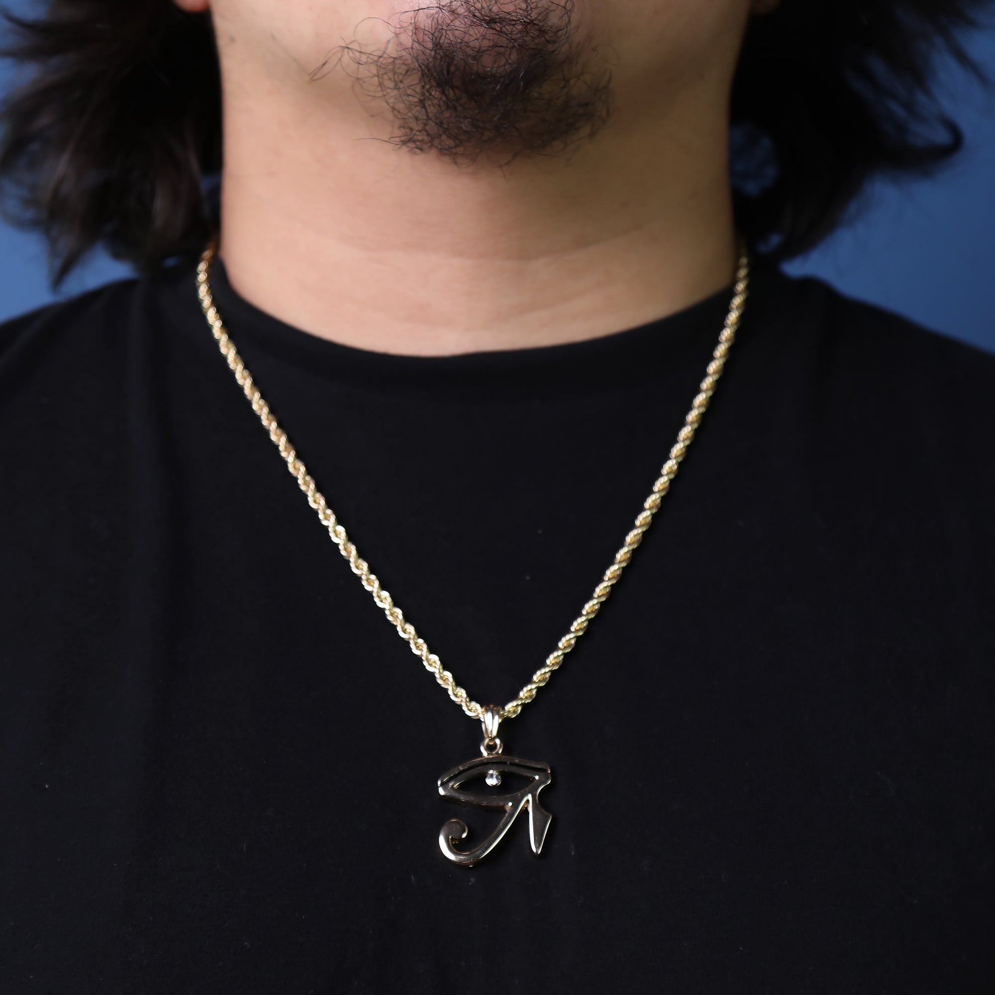 Cz Eye of Ra Pendant 24" Rope Chain Hip Hop Style 18k Gold Plated Necklace