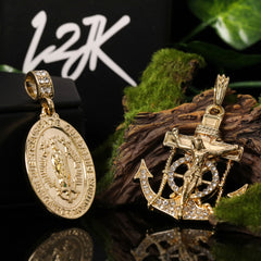 Jesus Anchor & Oval Engrave Mary Pendant Gold Plated 24, 30 Rope Chain Cubic-Zirconia