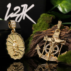 Jesus Anchor Oval Web Mary Pendant Gold Plated 24 30 Rope Chain Cubic-Zirconia