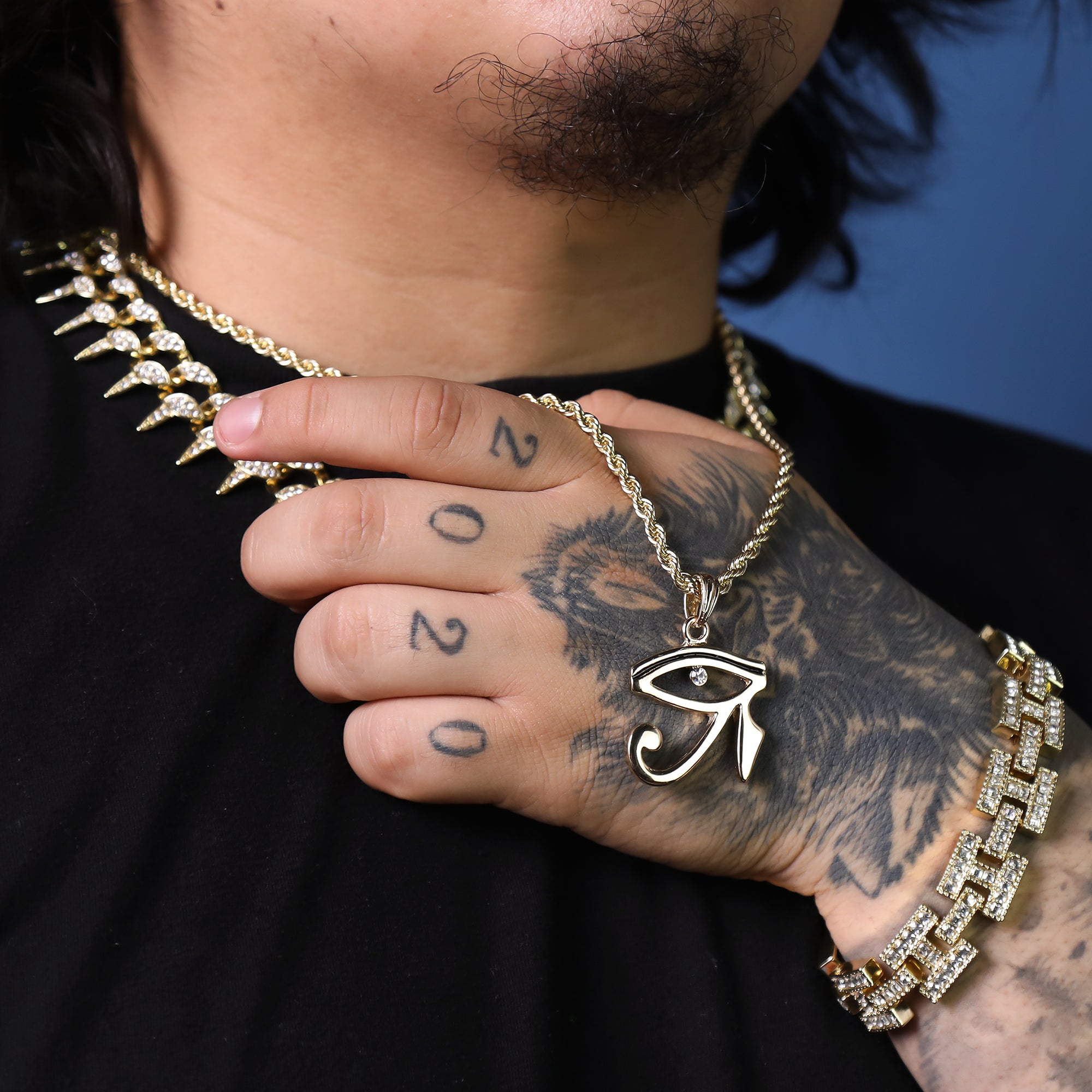 Cz Eye of Ra Pendant 24" Rope Chain Hip Hop Style 18k Gold Plated Necklace