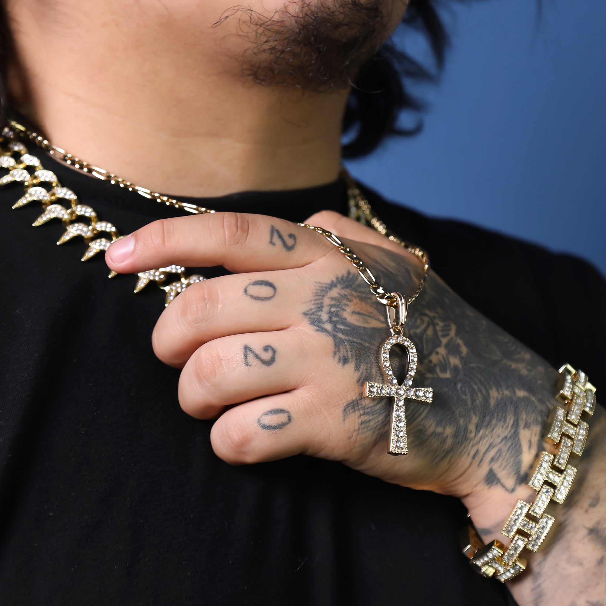 Iced Egyptian Ankh Pendant 24" Figaro Chain Hip Hop Style 18k Gold Plated