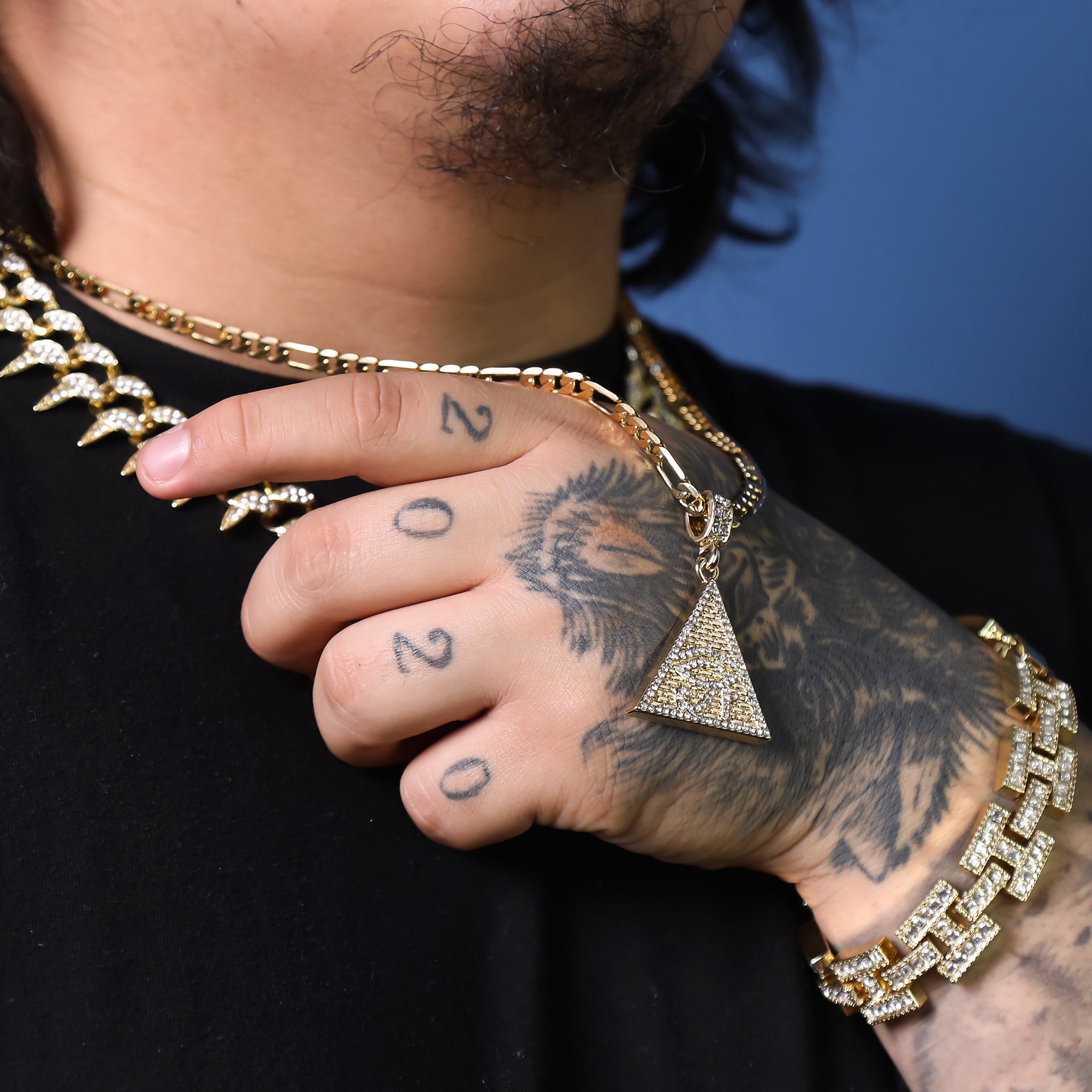 Iced Pyramid Eye of Ra Pendant 24" Figaro Chain Hip Hop Style 18k Gold Plated
