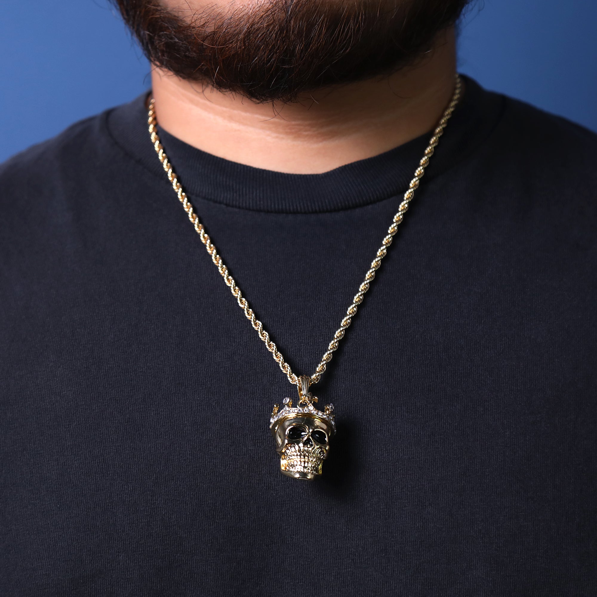 Skull Head Crown Pendant 24" Rope Chain Hip Hop Style 18k Gold Plated Necklace