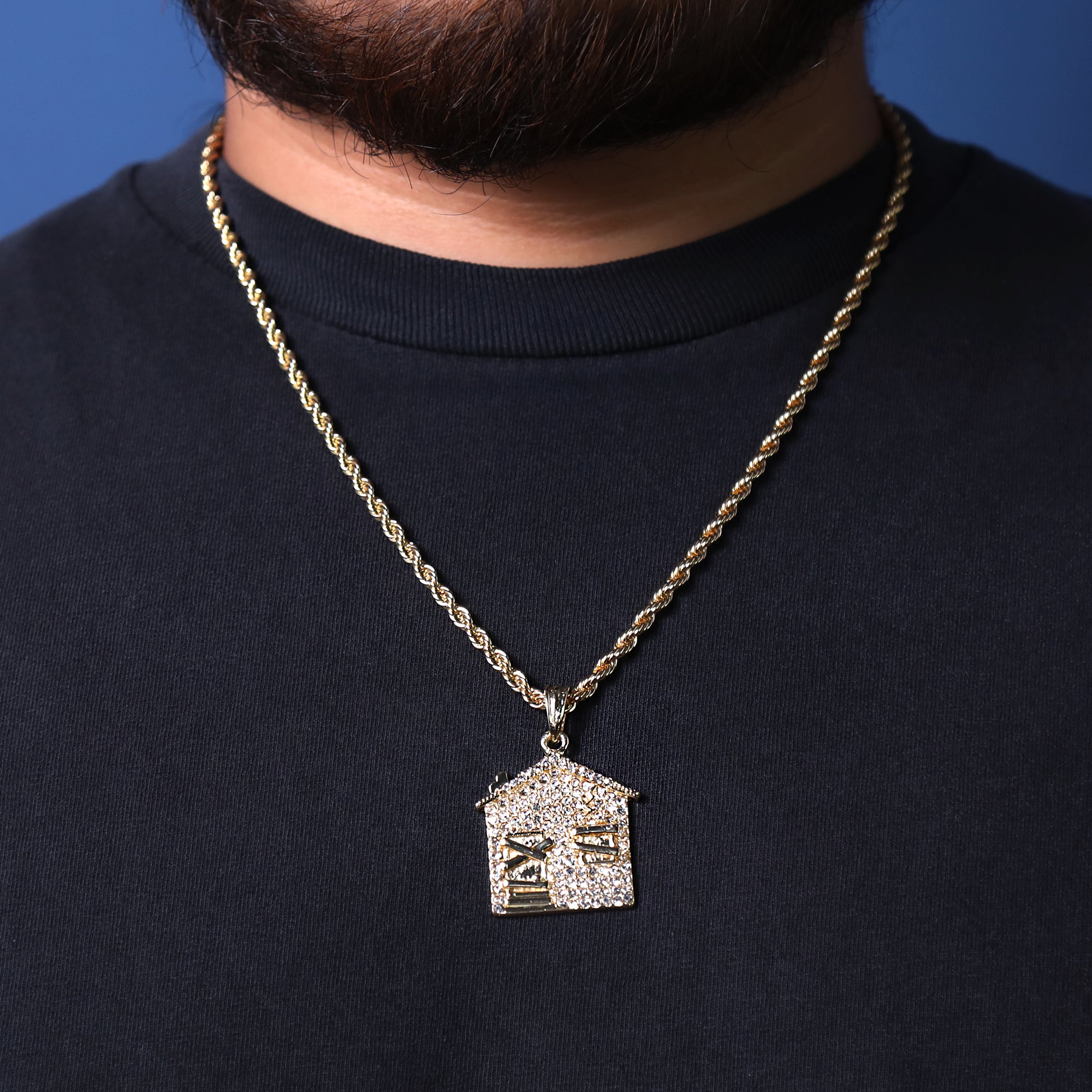 Bando House Charm Pendant 24" Rope Chain Hip Hop Style 18k Gold Plated Necklace